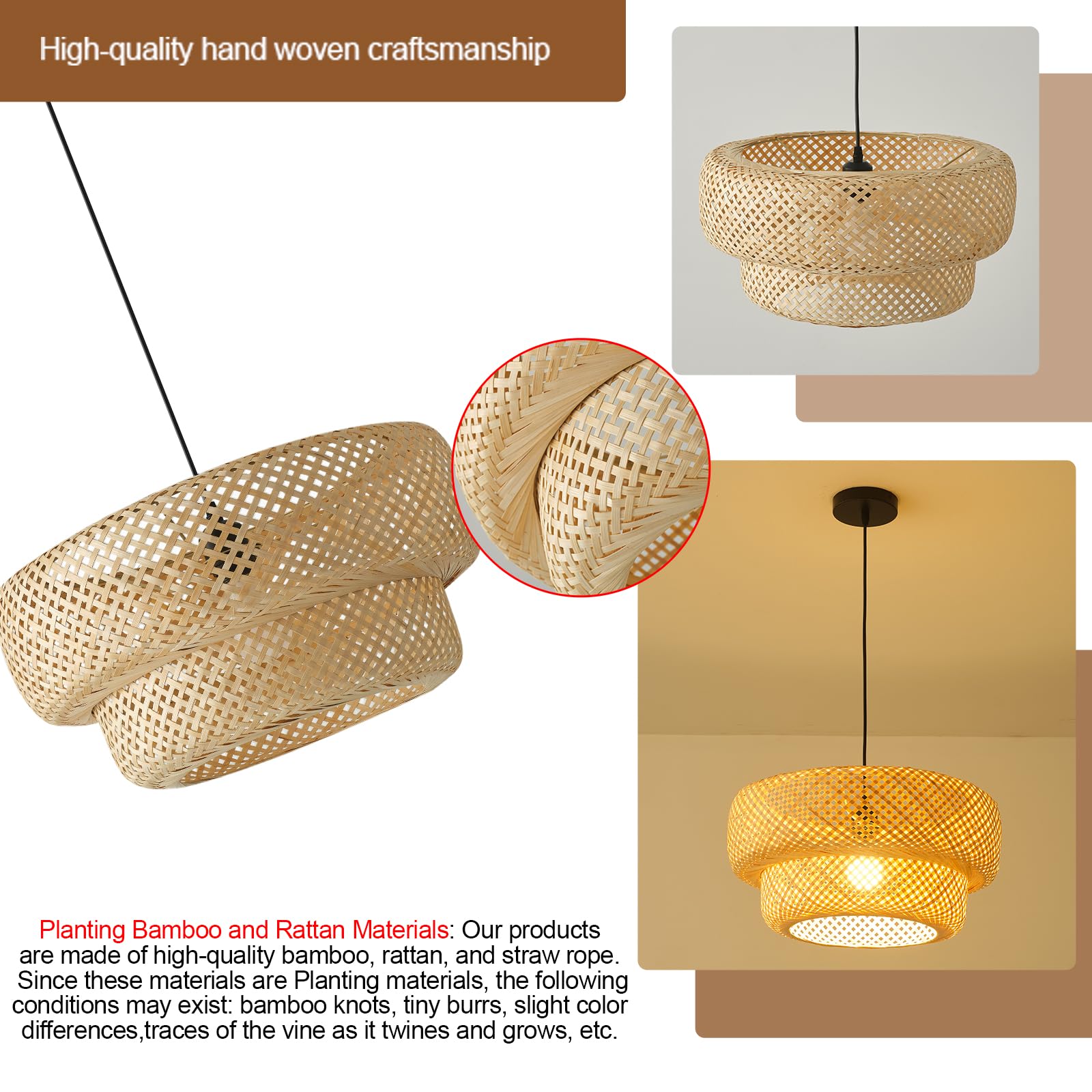Teru Ji Kaikang 17.7'' Bamboo Lamp Shade,Hand-Woven Bamboo Rattan Hanging Lamp Shade,For Dining Living Bedroom Kitchen Farmhouse