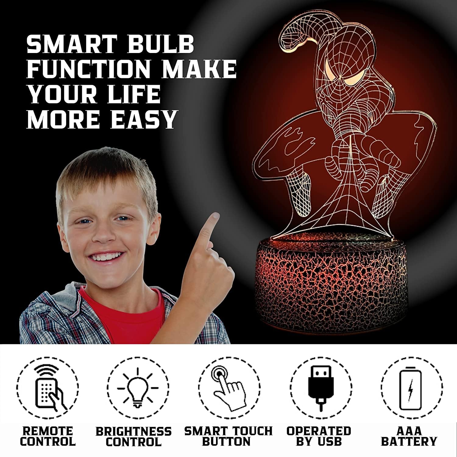 Yarrd Spider Human Night Light 3D - 3D Illusion Optical Kids Night Lights For Bedroom 16 Colors With Remote 3D Illusion Led Lamp Night Light For Kids Spider Gifts Cute Desk Lamp Ideal Room Decor Gift