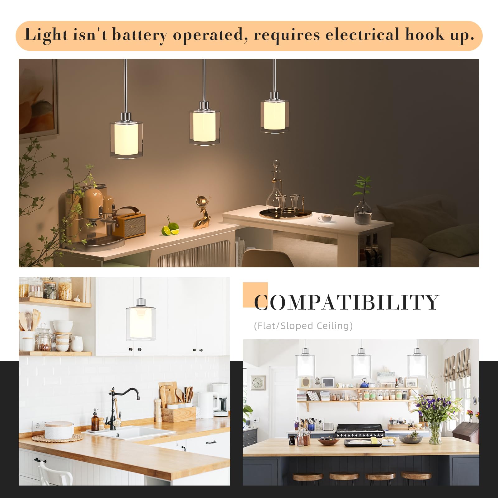 Lightbiz Pendant Light - Adjustable Rod, Clear Dual Glass, 3 Color Temperatures, Brushed Nickel, 2 Pack, Model L400