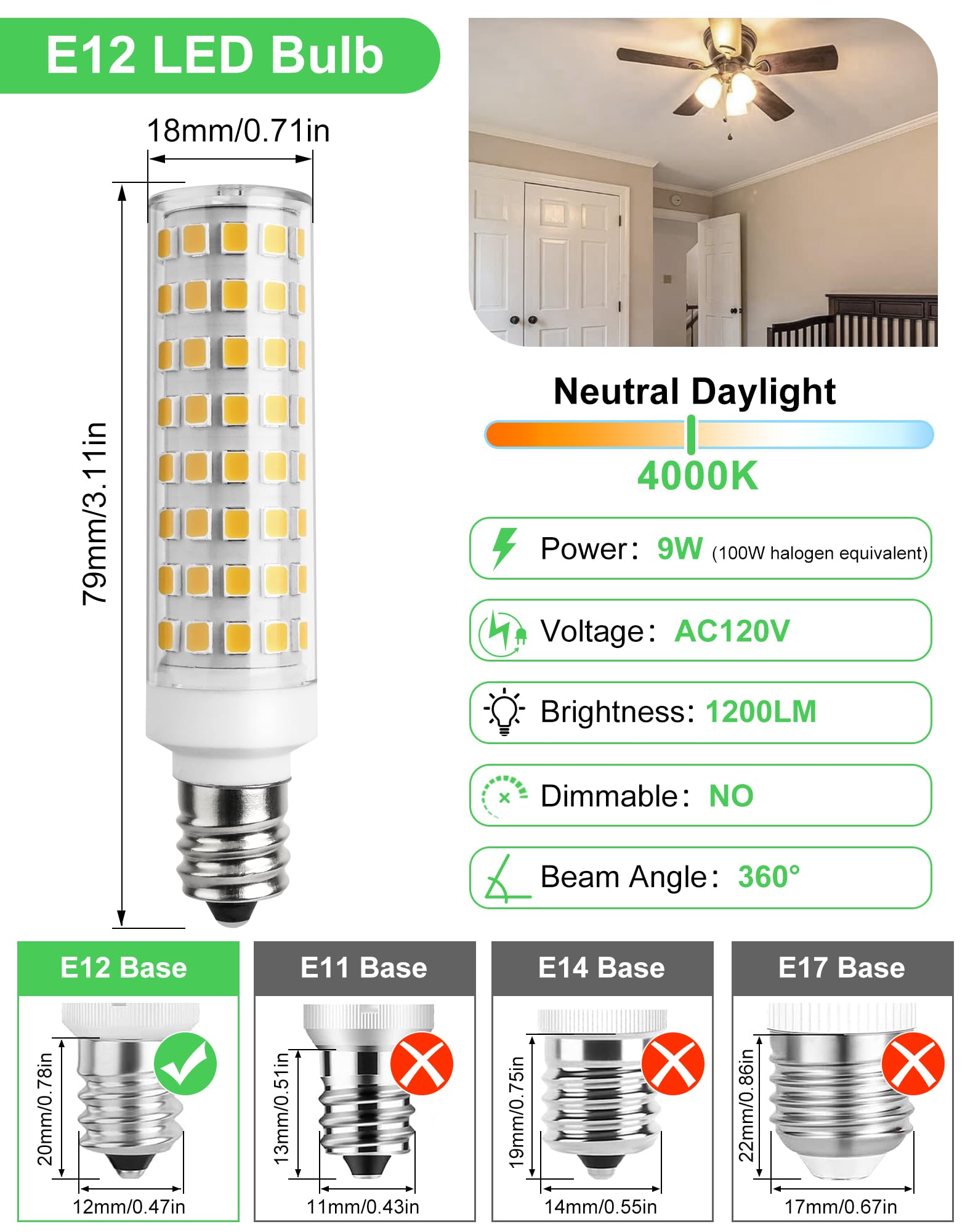 Gohdlamp 4000K Natural White E12 Led Bulbs - 100W Equivalent 1200Lm  Non-Dimmable Candelabra Base Bulb 6 Pack For Kitchen  Office  Vanity Lighting