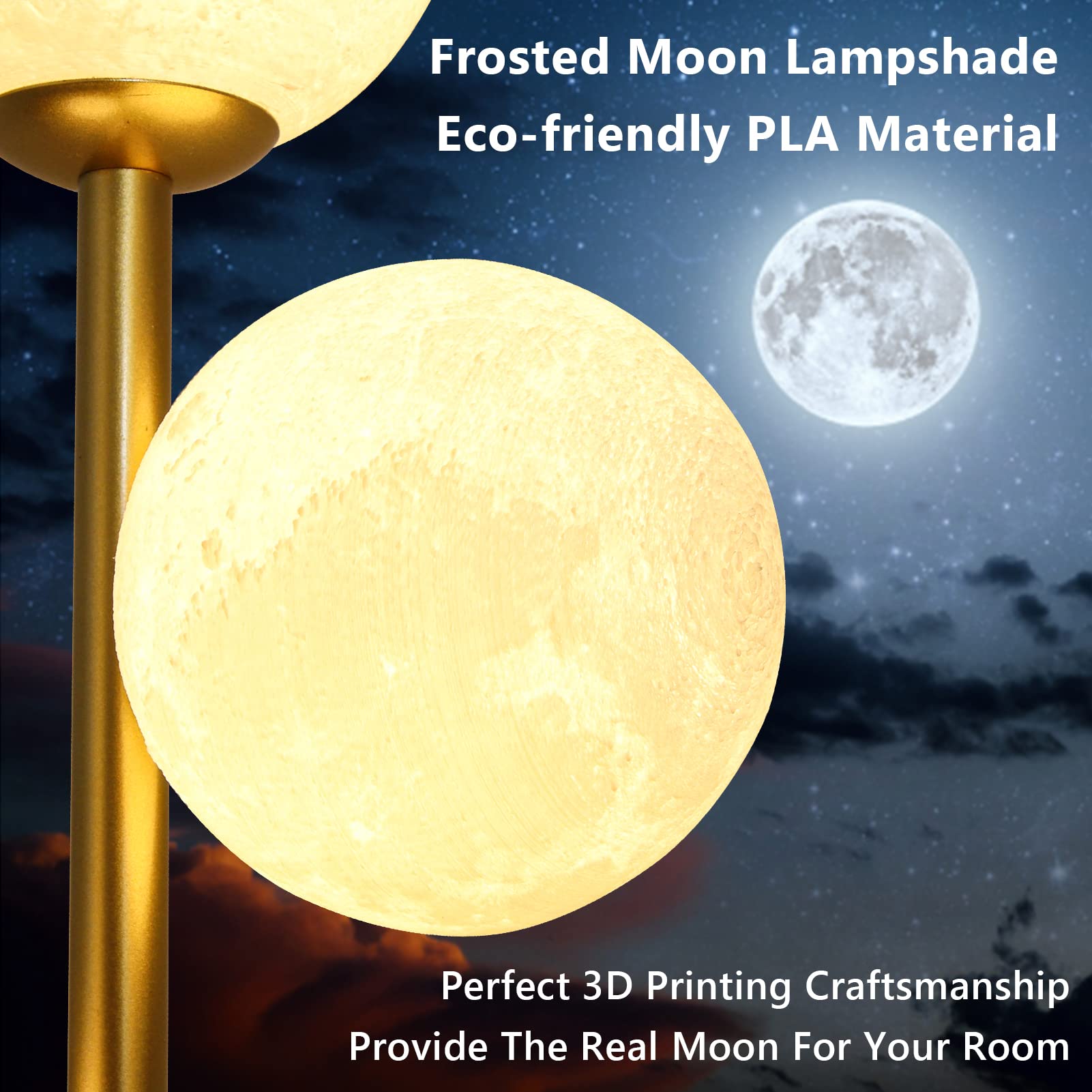 3 Globe Moon Floor Lamp For Living Room, Modern Gold Floor Lamp With 3D Printing Frosted Shade And Led Bulb, Mid Century Standin