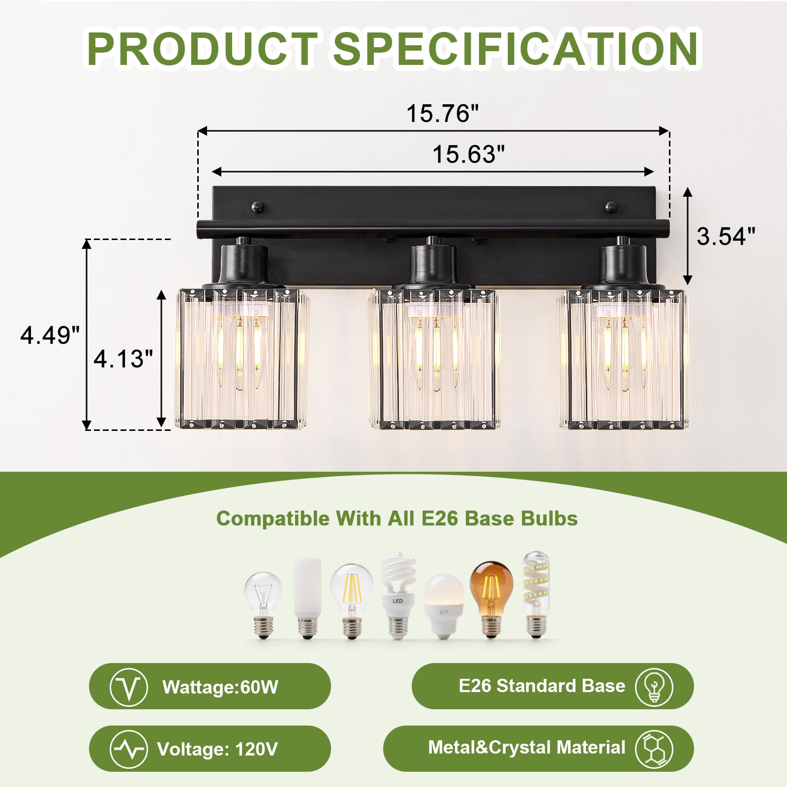 GAMTUE 3-Light Modern Crystal Bathroom Vanity Light Fixtures, Black-Square, Metal, Includes 3 E26 Bulbs