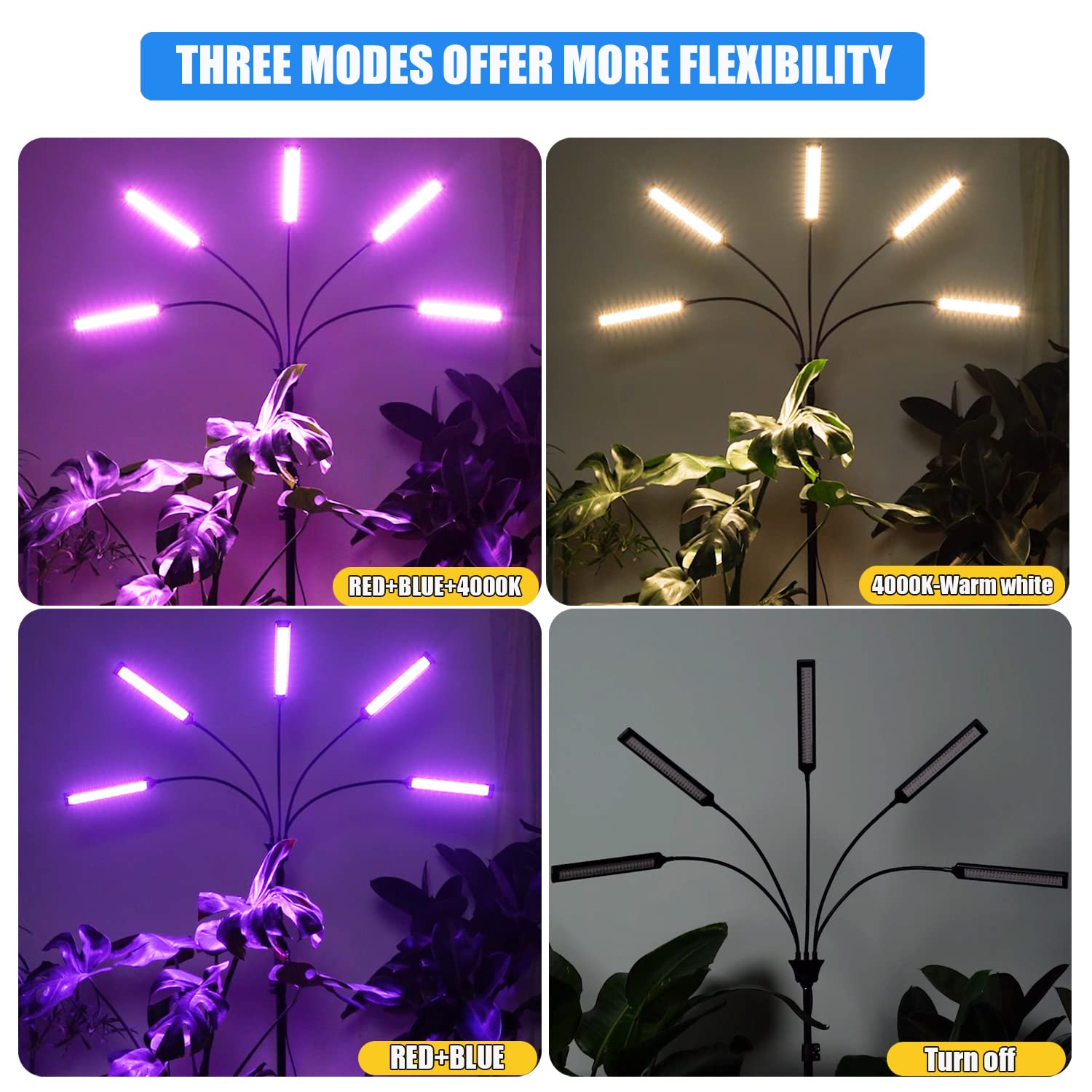 Yehsence Grow Lights for Indoor Plants 5 Heads, Full Spectrum Plant Lights for Indoor Growing with Tripod Stand, Auto On/Off Tim
