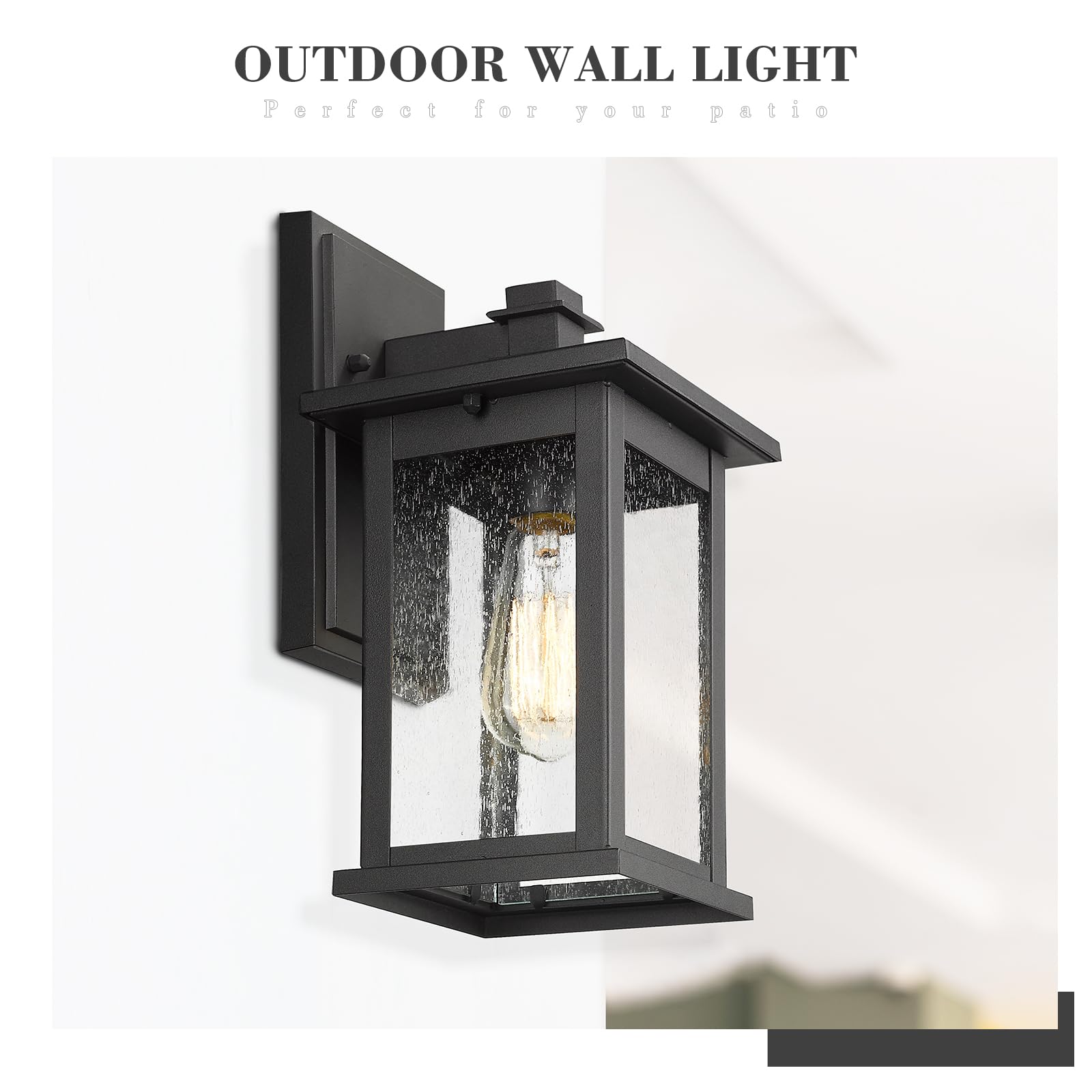 Emliviar 1-Light Outdoor Wall Sconce, Black Lantern With Clear Seeded Glass, Medium Size