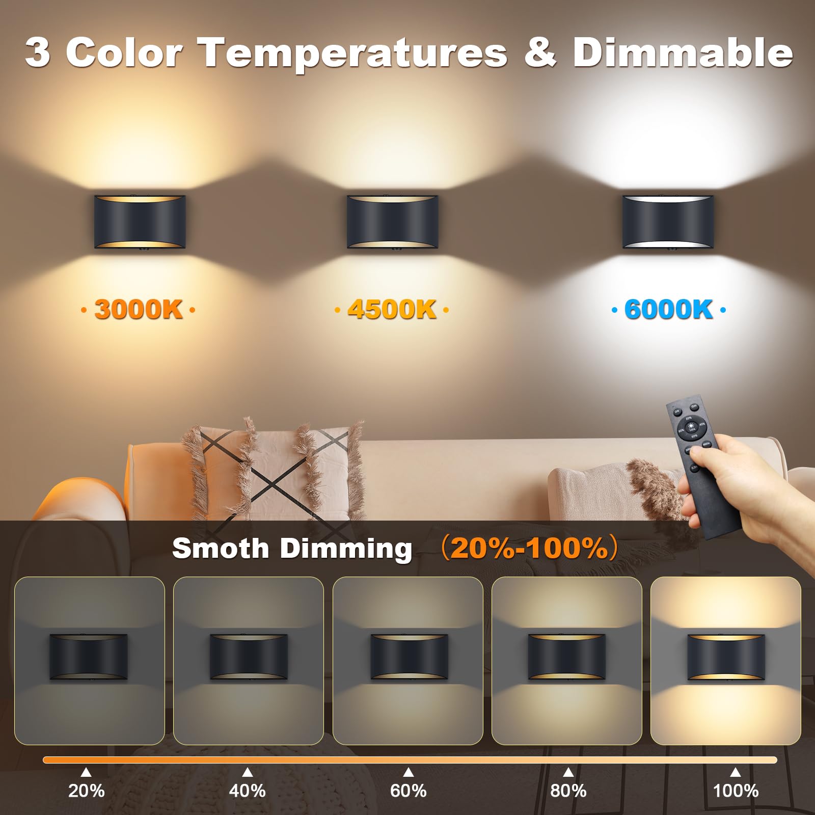 Aiilsmp Battery Operated Wall Sconces, 8000mAh Rechargeable, Remote & Touch Control, 2 Pack, Black, Model AW009B