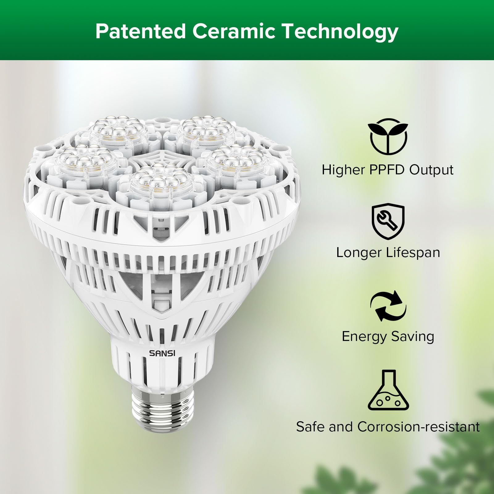 SANSI Grow Lights for Indoor Plants, 30W Full Spectrum, 4 Dimmable Levels, Adjustable Tripod 30in-55in, Black, Model C21GL-CE26-30W