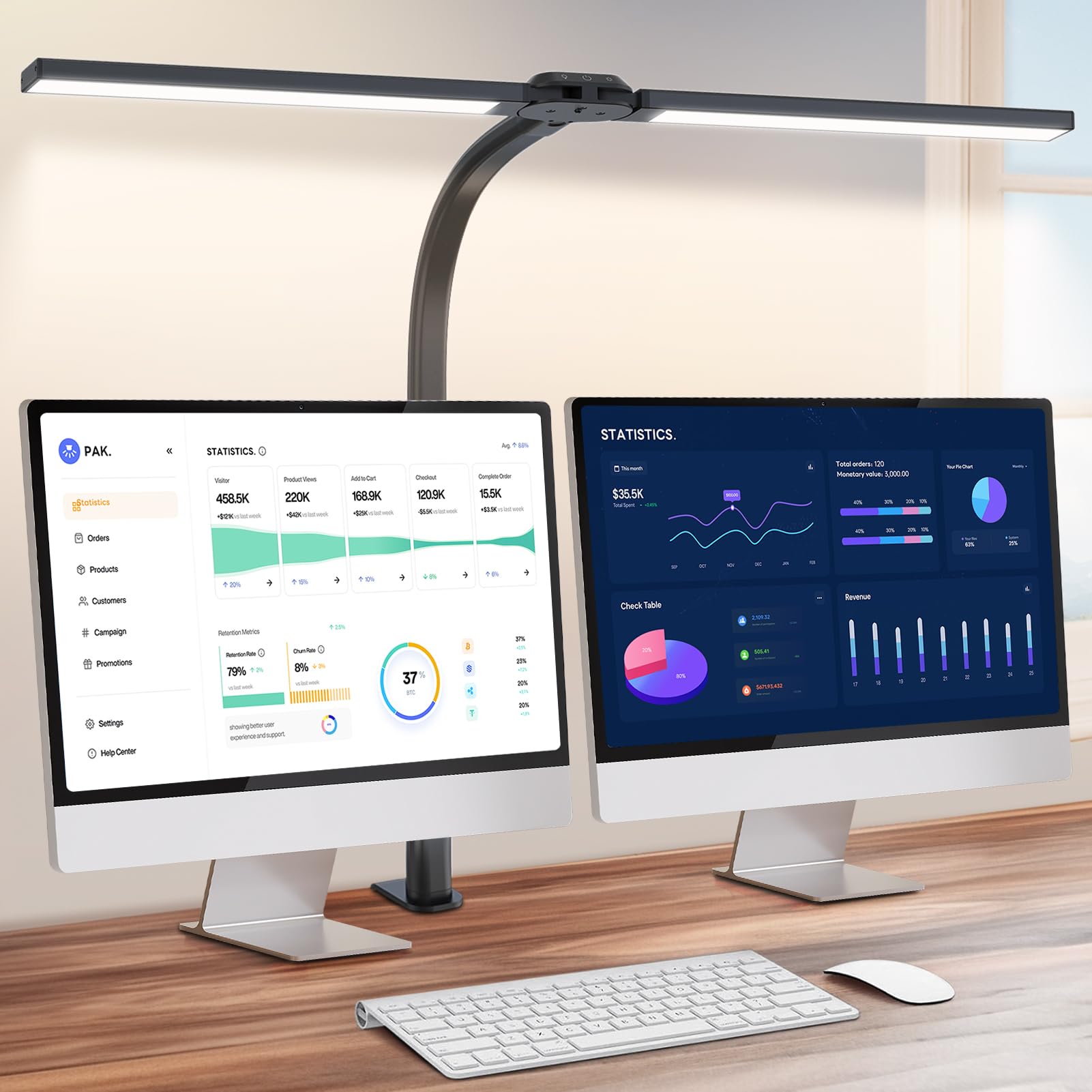 LED Desk Lamp for Home Office, Eye-Caring Desk Light with Clamp, 24W Double Head Architect Task Lamp Stepless Dimming, Flexible 