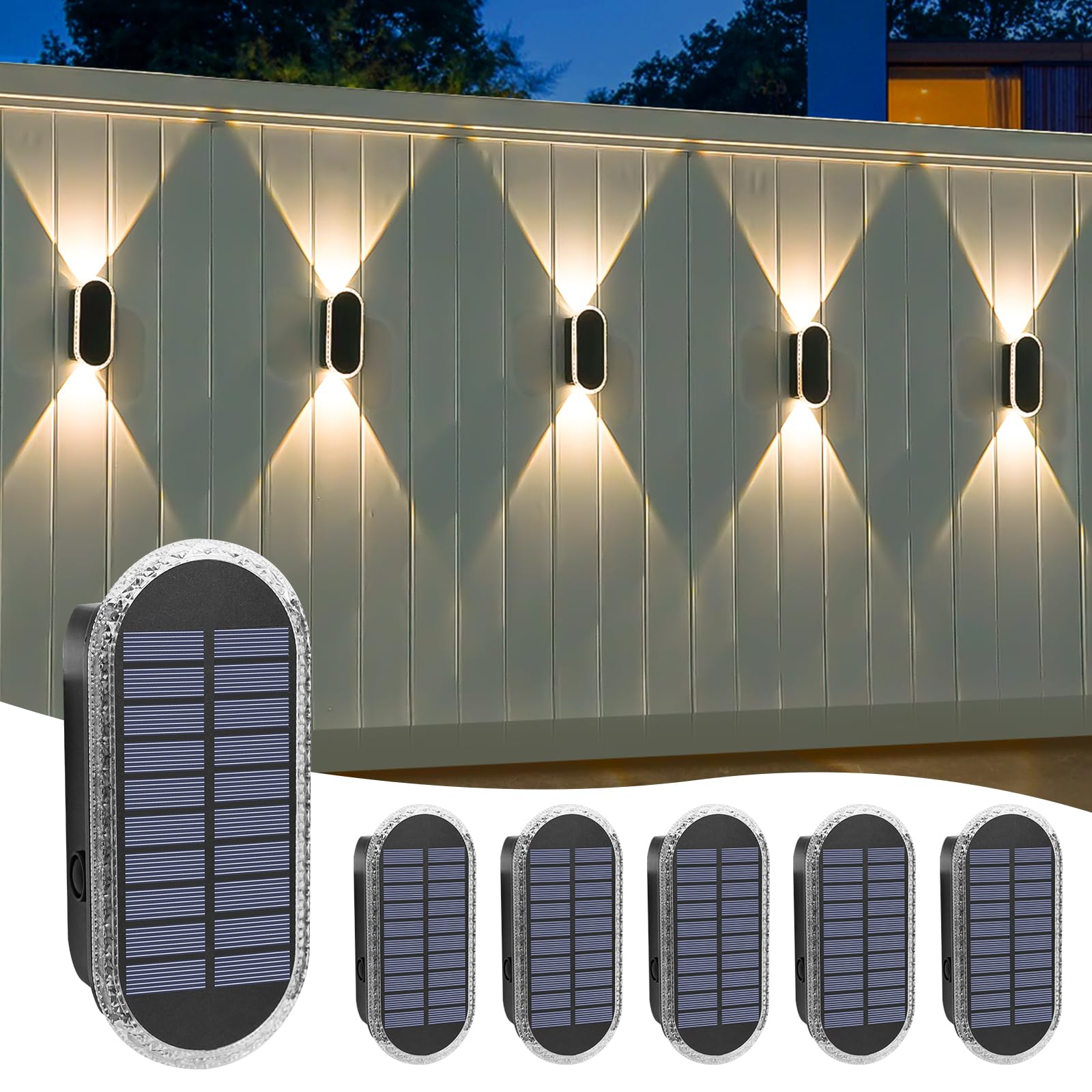 Herzila 6 Pack Solar Fence Wall Lights Outdoor RGBW 8-Color Changing, IP65 Waterproof Dual Lens Up/Down Lighting Solar Fence Lig