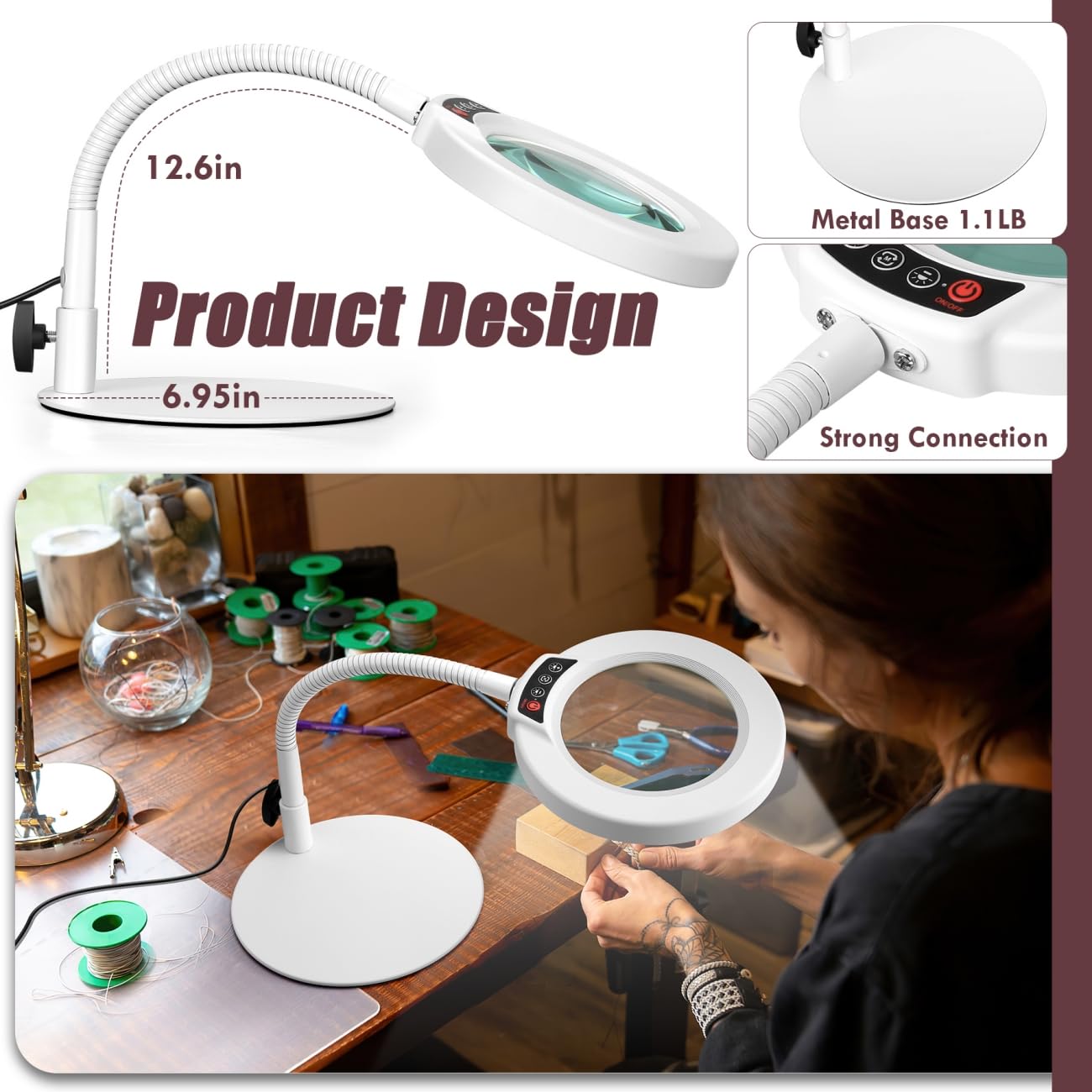 Krstlv 10X Magnifying Glass with LED Light, Flexible Gooseneck, Metal Stand, White, Model EG9WH