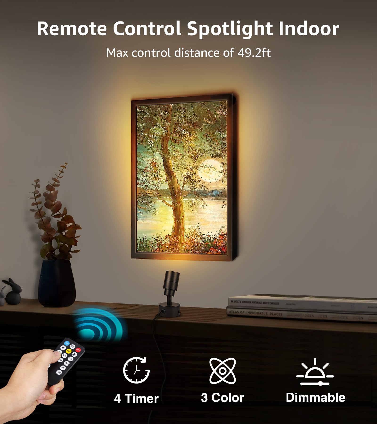 SUNVIE LED Dimmable Up Lights 2 Pack, 3W Indoor Floor Spotlight with Timer & Remote, 3000K/4000K/5000K, Black, Model SH
