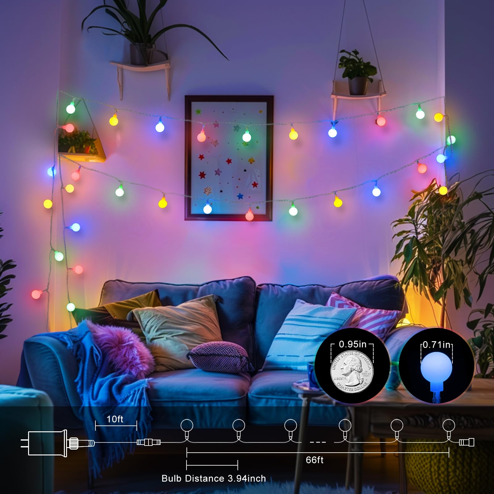 Globe String Lights 43Ft, 100 Led Fairy Lights Plug In With Remote For Bedroom Classroom,Indoor,Party,Patio- Multicolor