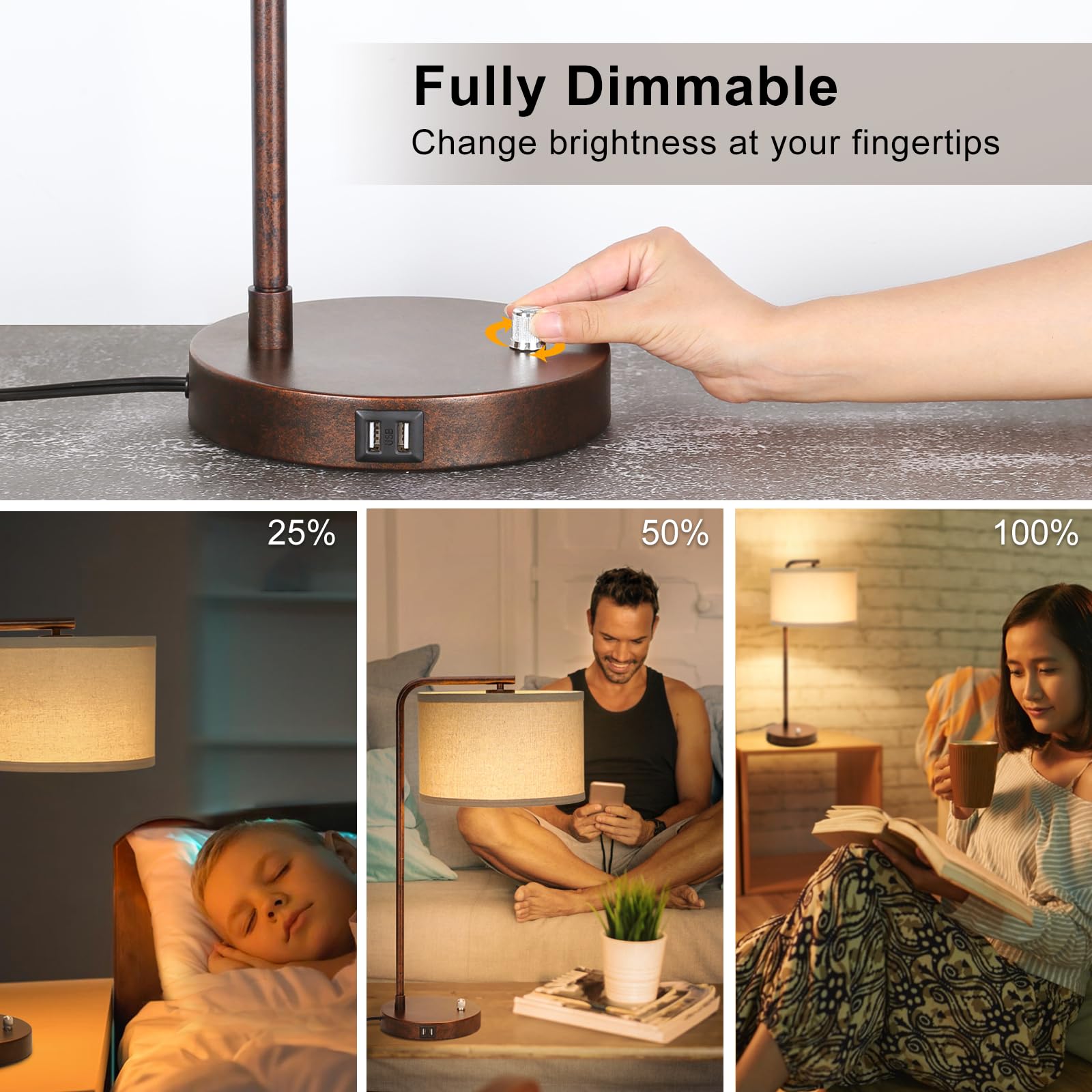 Vintage Table Lamp, Fully Dimmable Table Lamp With Dual Usb Charging Ports, Farmhouse Bedside Lamp Nightstand Light, Tall Readin