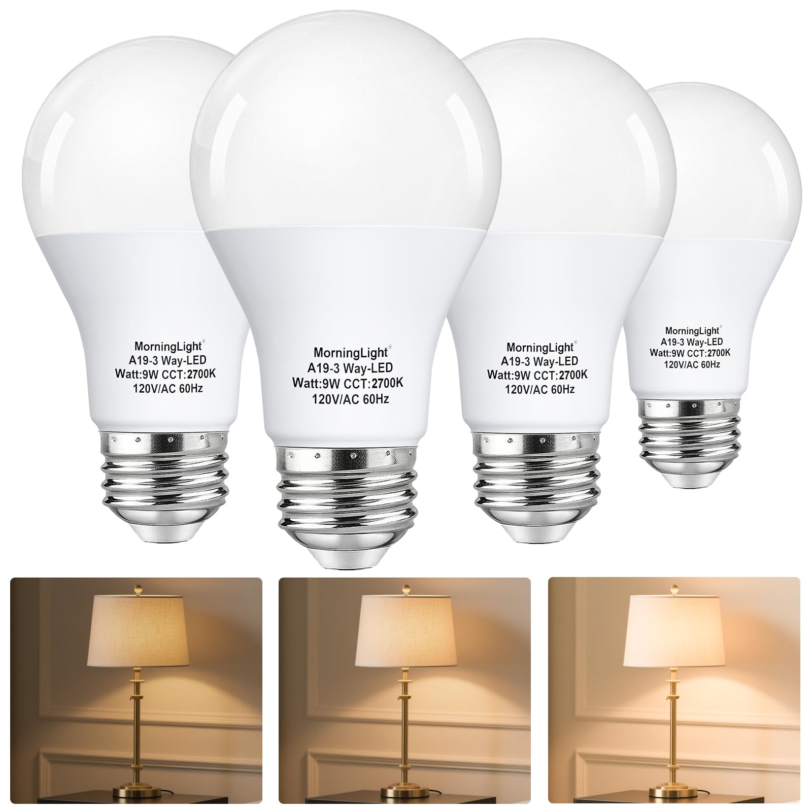 MorningLight A19 3-Way LED Light Bulbs, 15/40/60 Watt Equivalent, 2700K Warm White, E26 Medium Base, 4 Pack