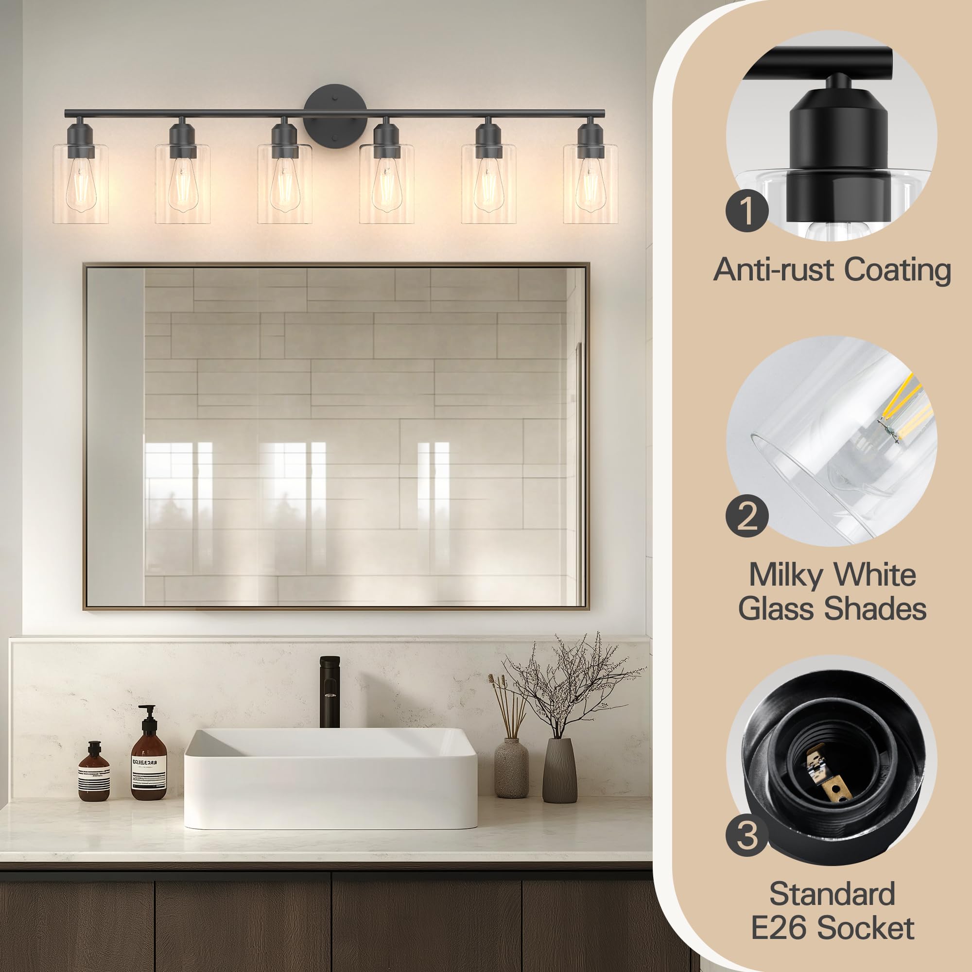 Espird Bathroom Vanity Light Fixtures, 6 Lights, Matte Black, Metal, Rustic Farmhouse, Model L01-6-BK