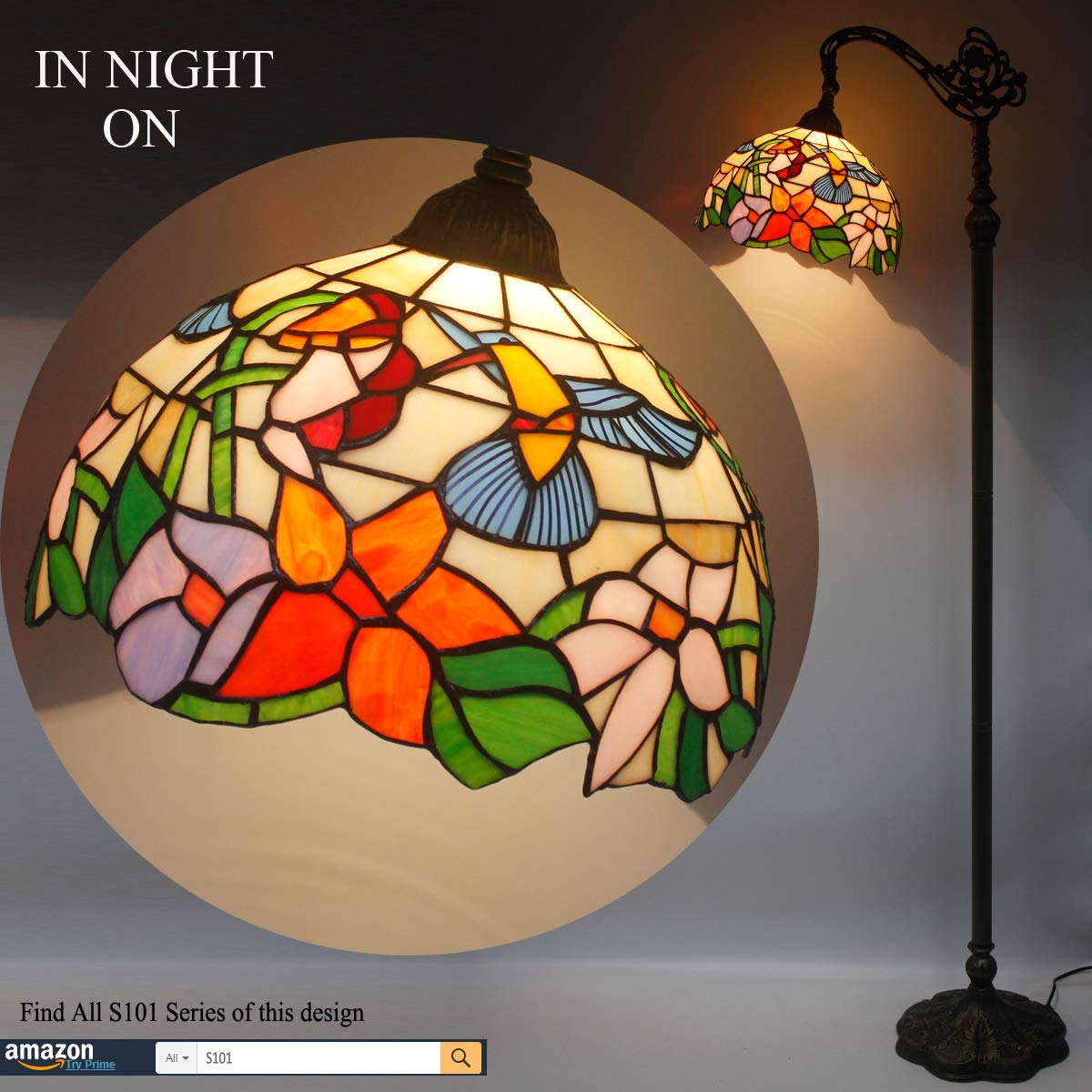 WERFACTORY Tiffany Lamp Shade Replacement, 12x12x6 Inch, Cream Amber Stained Glass, Hummingbird Style S101 Series