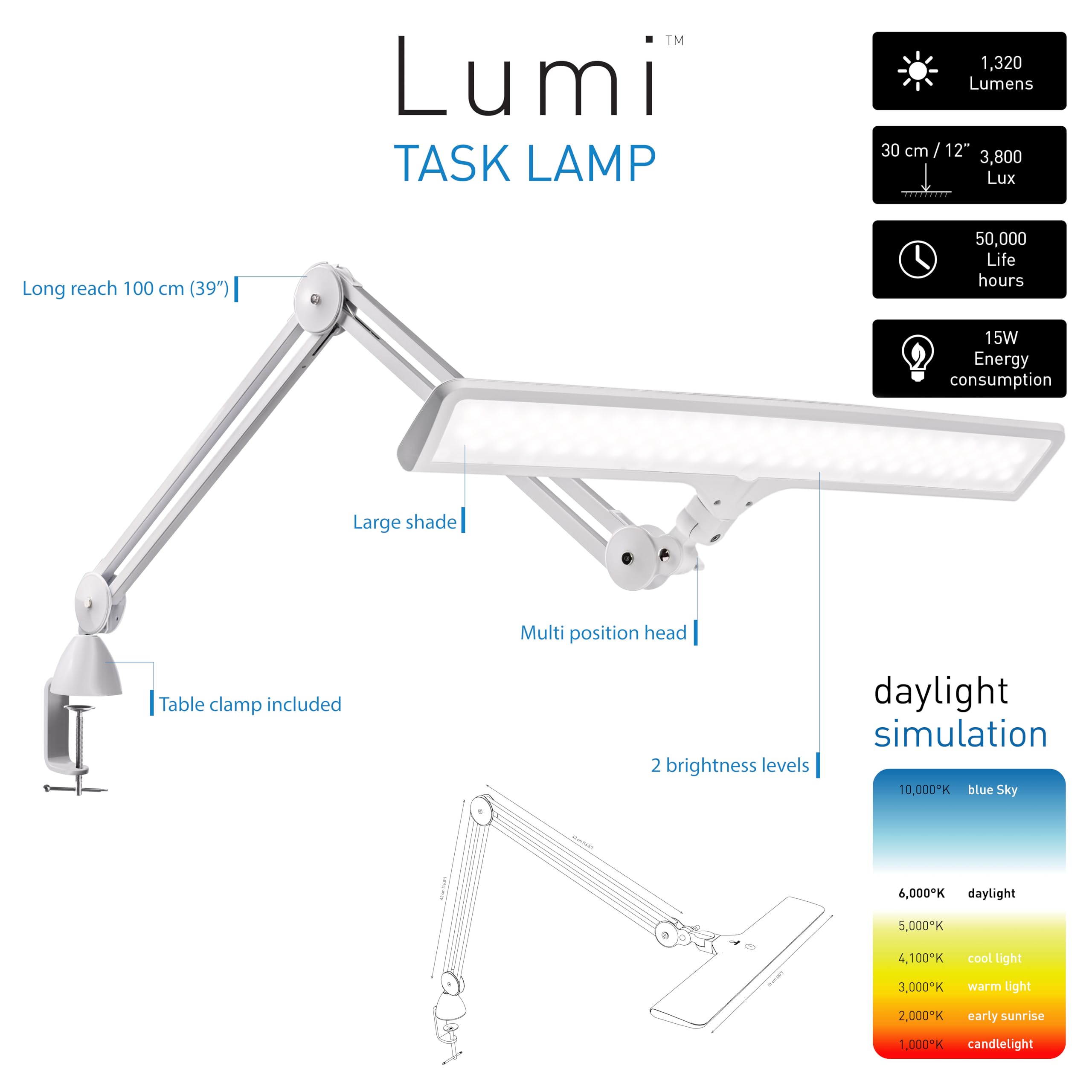 Daylight Lumi Task Lamp - 95 CRI, 4000 Lux, Touch Dimmable, 1,320 Lumens, White, Model U35500
