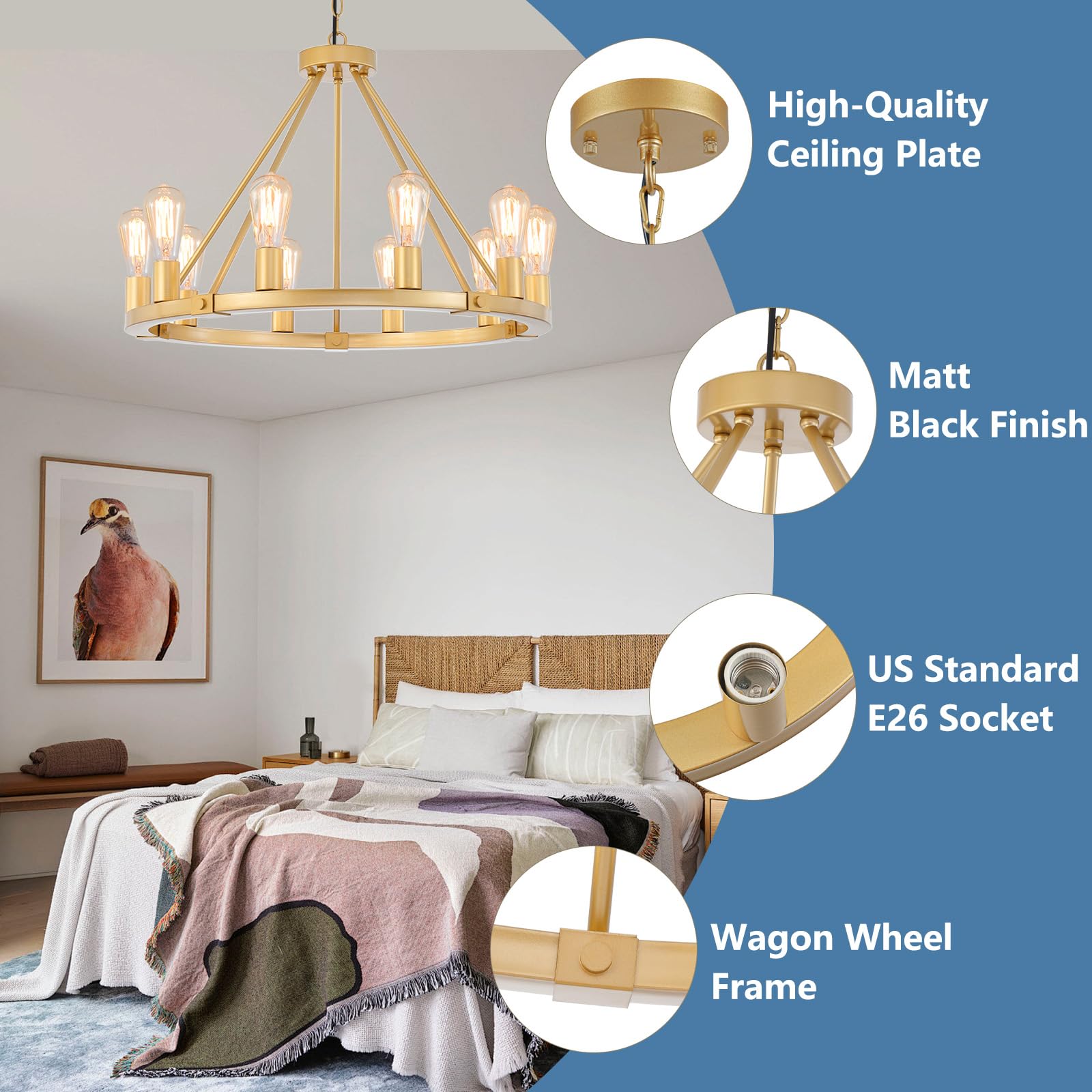 9MMML Gold Wagon Wheel Chandelier, 10-Light Metal Pendant Light Fixture, 26.7in  for Living Room, Bedroom, Foyer, Model 8003