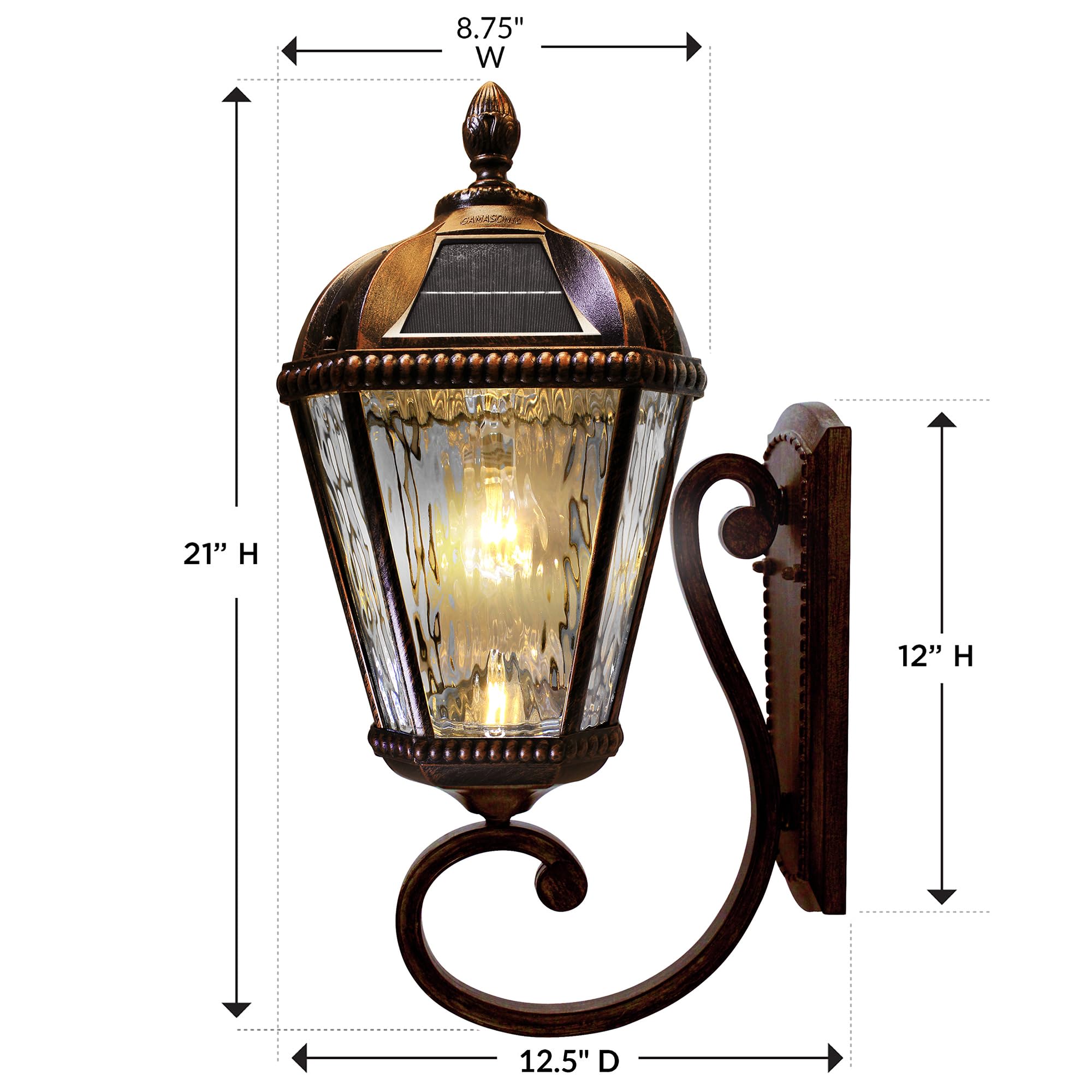 Gama Sonic Solar Outdoor Wall Light, Royal Bulb Exterior Sconce Lamp, Brushed Bronze Finish Aluminum, Clear Beveled Glass, Warm