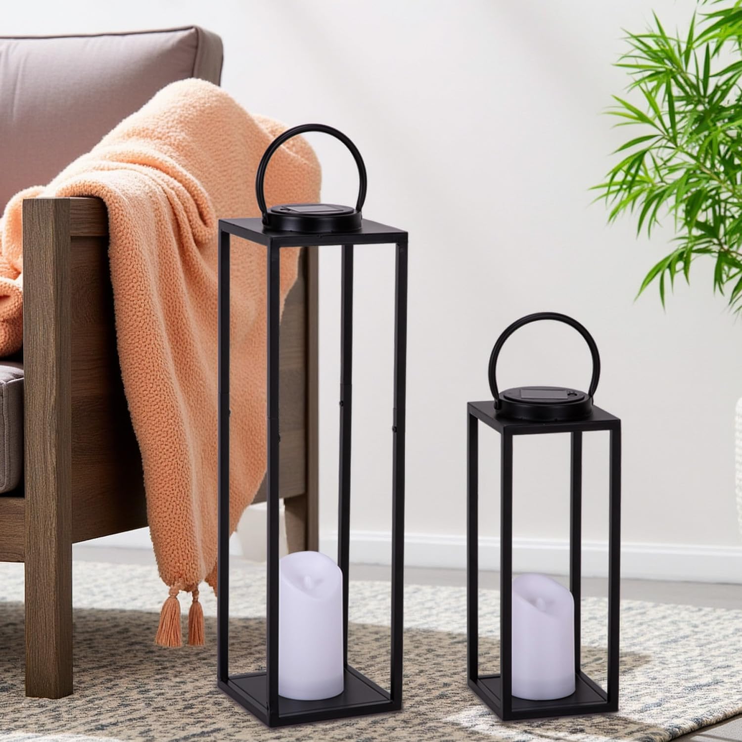 ALL FORTUNE Large Solar Outdoor Lanterns, 25  16  Tall Farmhouse Black Metal Waterproof Decorative Lanterns with Solar Candles f