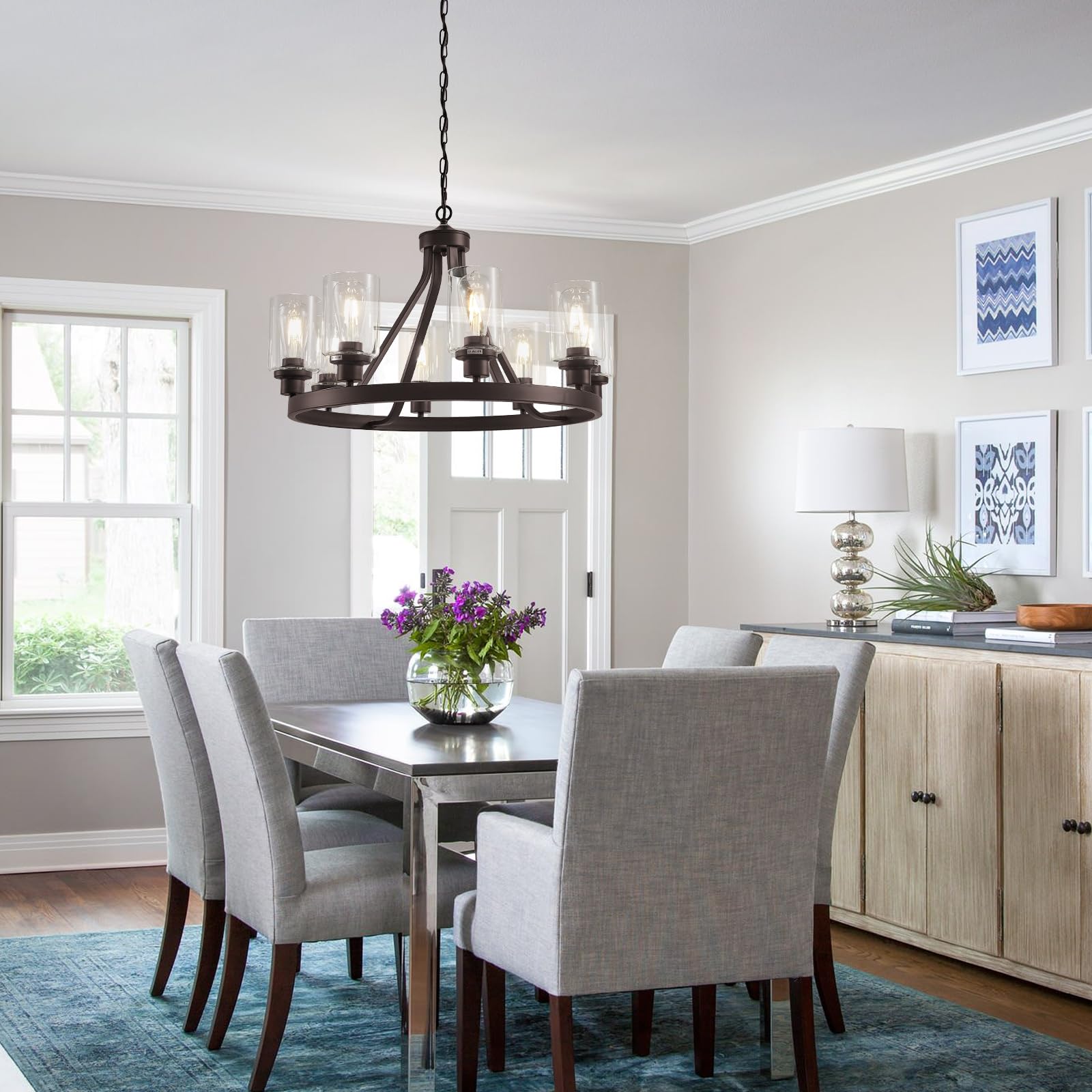 Lanhall 8-Light Chandelier, Oil-Rubbed Bronze Metal, Adjustable Height, Model 1066, Glass Globes, Rustic Ceiling Pendant Light