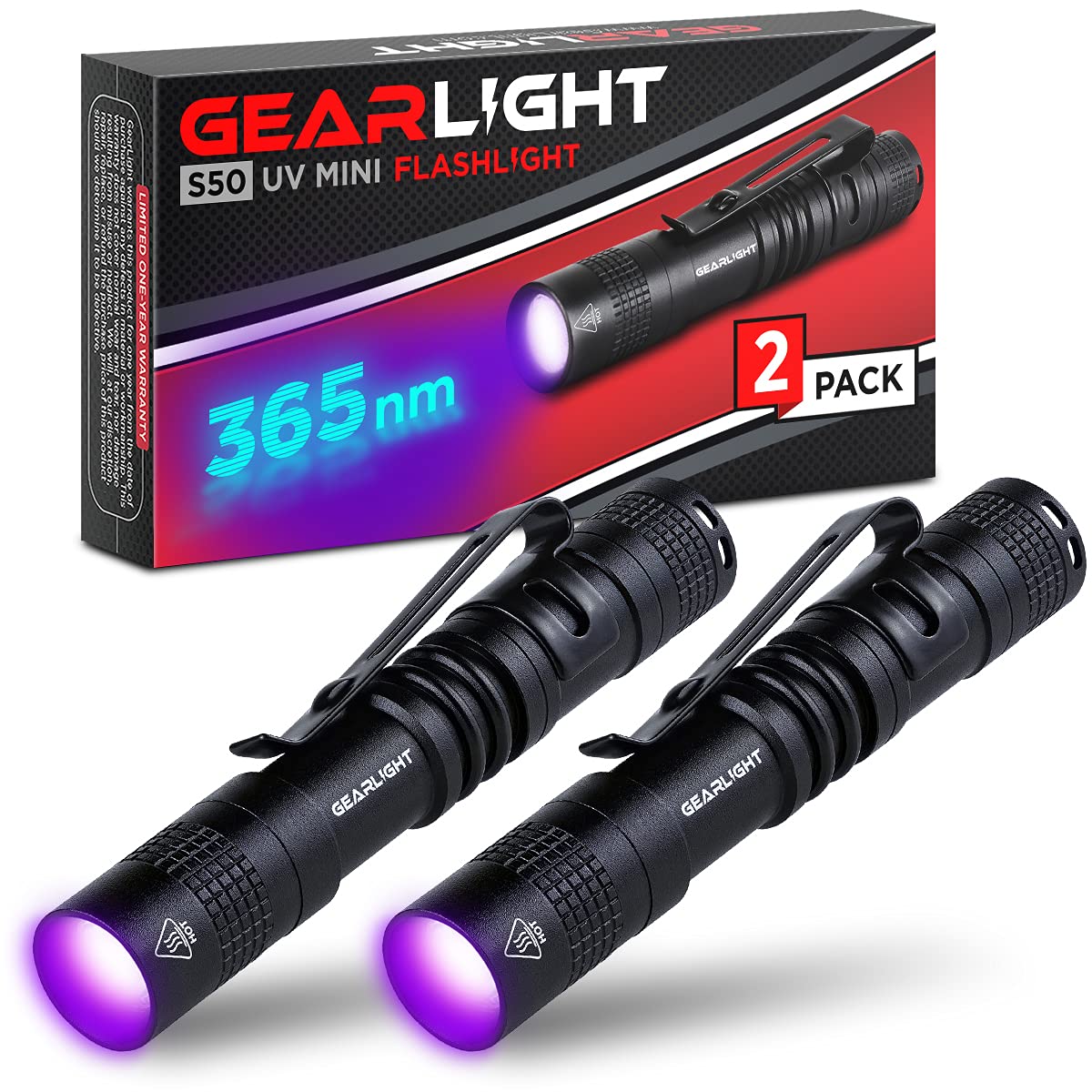 GearLight UV Flashlight S50 - 365nm Mini Blacklight, 2 Pack, Aluminum, Blue, Ideal for ID Check & Leak Detection