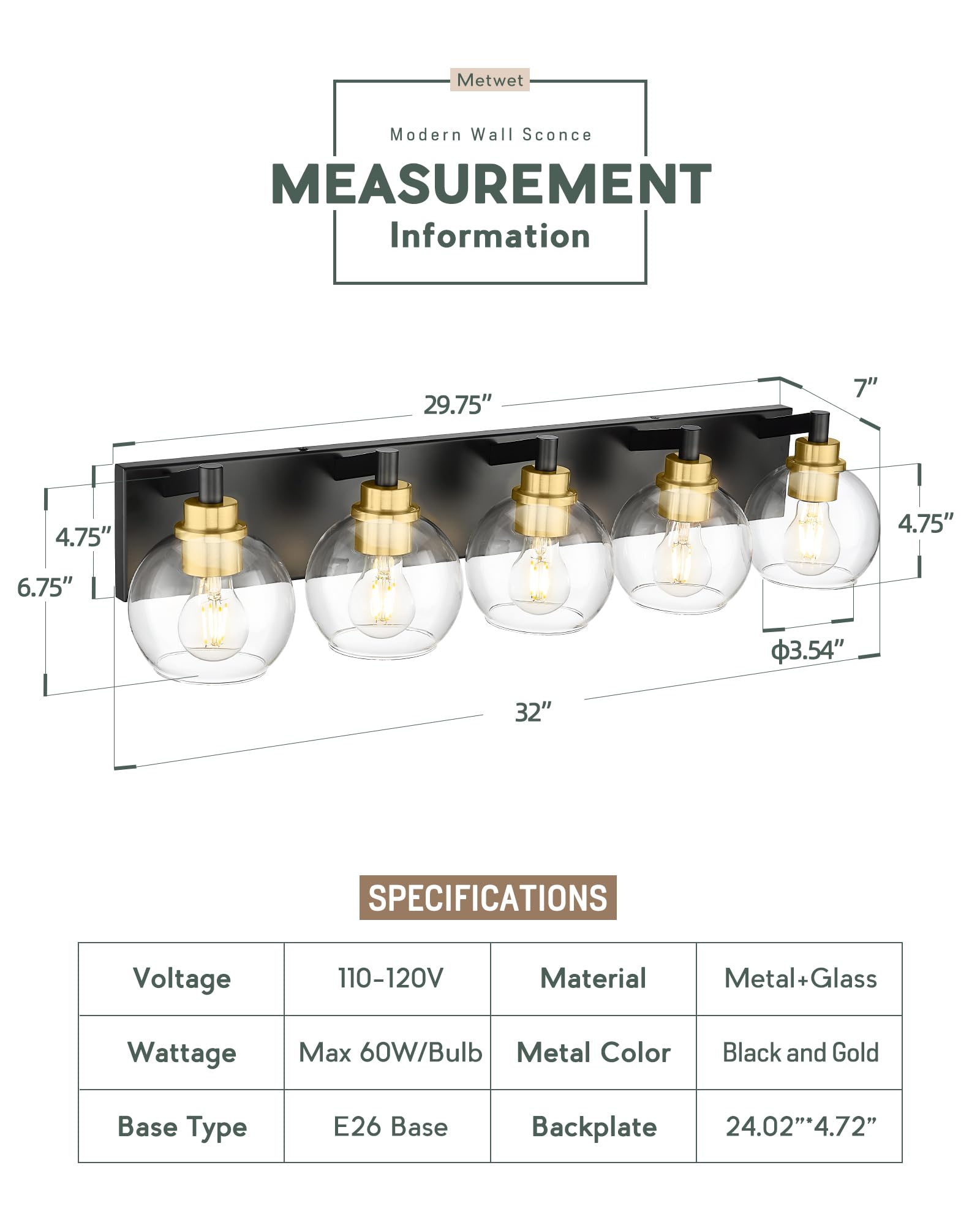 Metwet Bathroom Light Fixtures, 5-Light Black And Gold Bathroom Vanity Light, 32 Inch Modern Wall Sconces With Globe Clear Glass