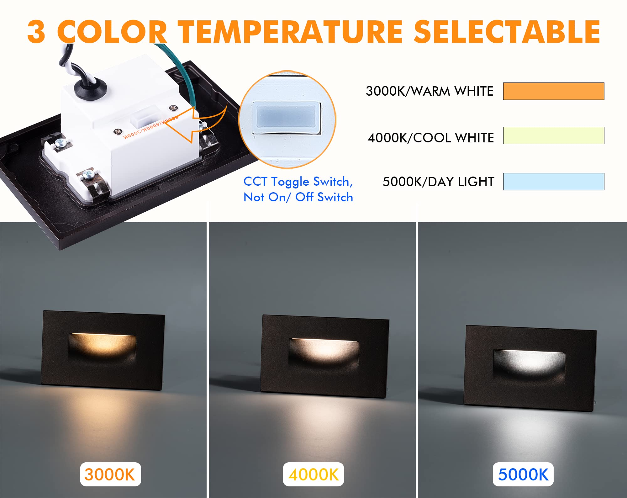 Cloudy Bay Dimmable Upgraded 3 Color 120V Led Indoor Outdoor Step Lights,3000K/4000K/5000K 3W 55Lm,Stair Light,Oil Rubbed Bronze