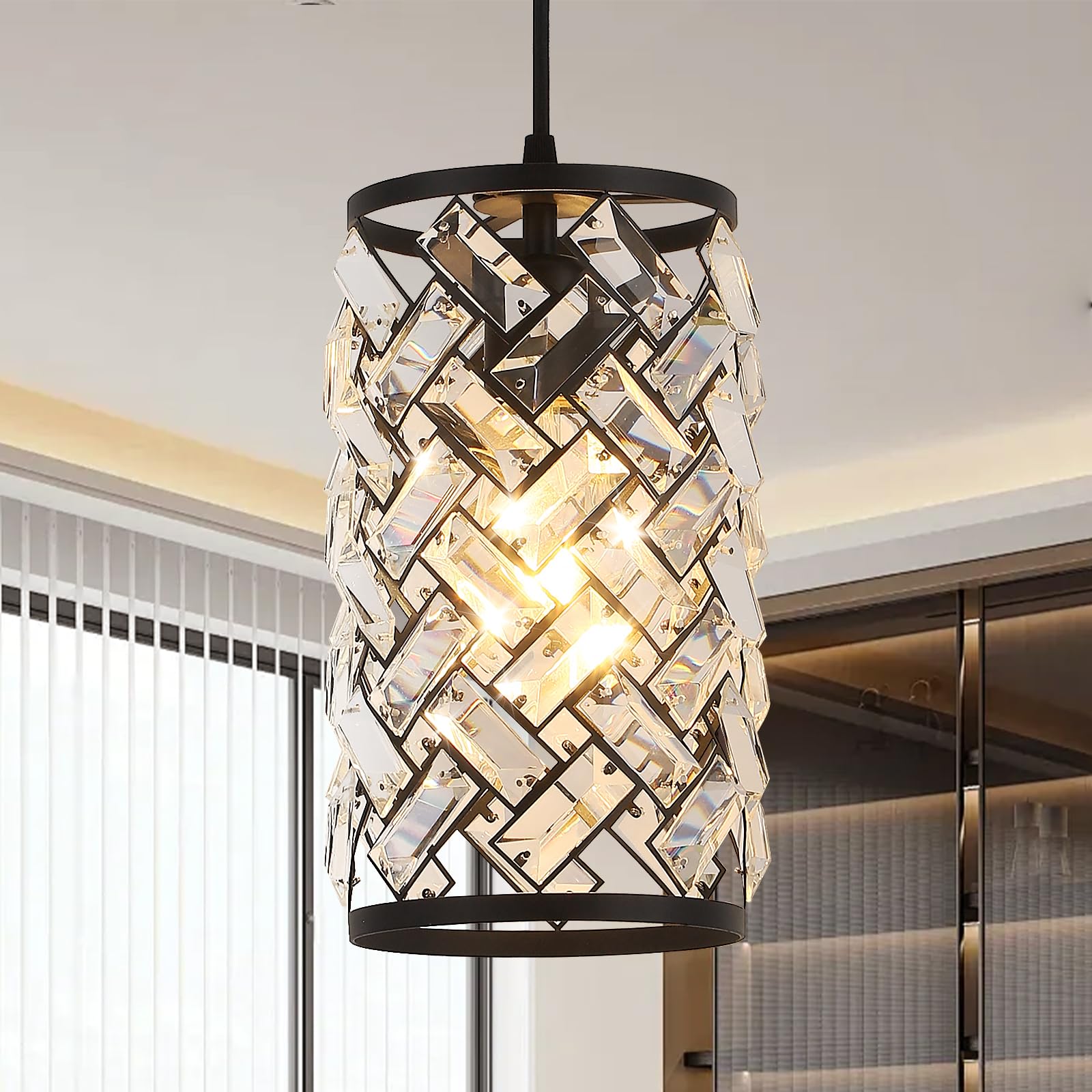 illus illumination Black Crystal Pendant Lights Kitchen Island  Modern Mini Chandelier  Adjustable Hanging Ceiling Light Fixture for Kitchen Dining Room Bedroom Foyer Bar (1 Pack)