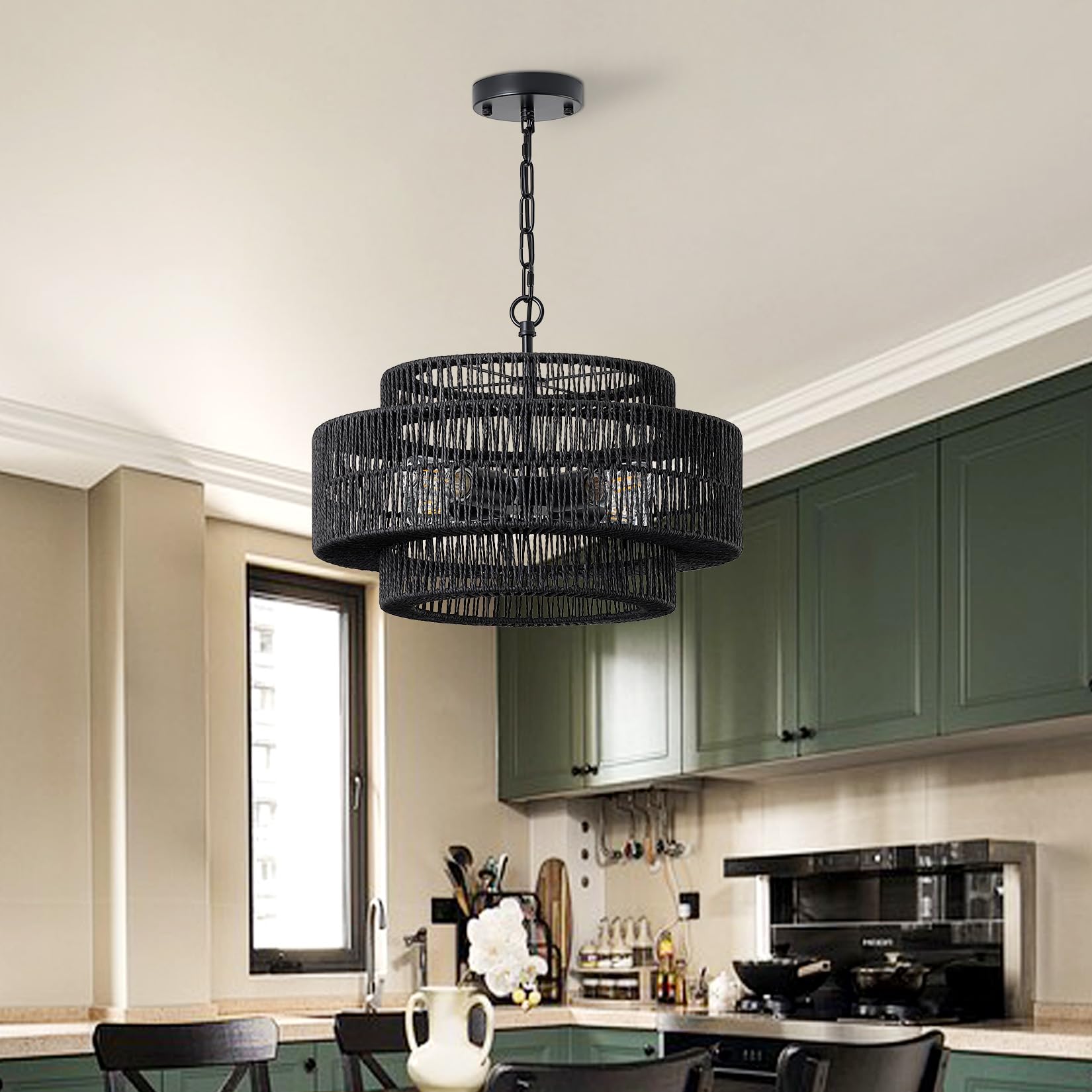 Giutna 17.7'' Black Large Boho Rattan Chandeliers For Dining Room, 4-Light Rattan Hand-Woven Farmhouse Drum Chandelier Pendant L