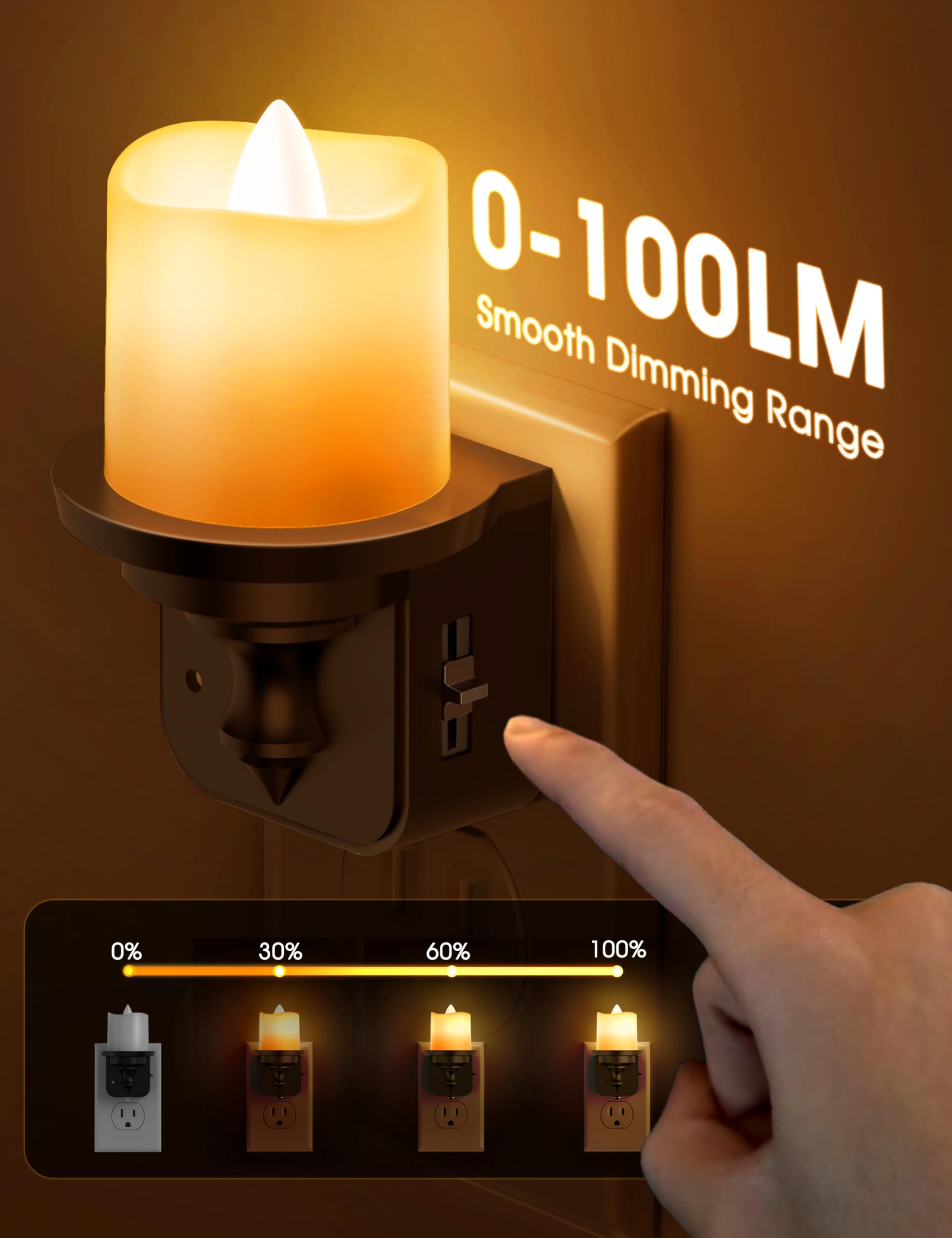 Briignite Flameless Candle Night Lights, Amber Plug-In 2 Pack, Led Candle With Light Sensor, 0-100Lm Dimmable, Kids Hallway Bath