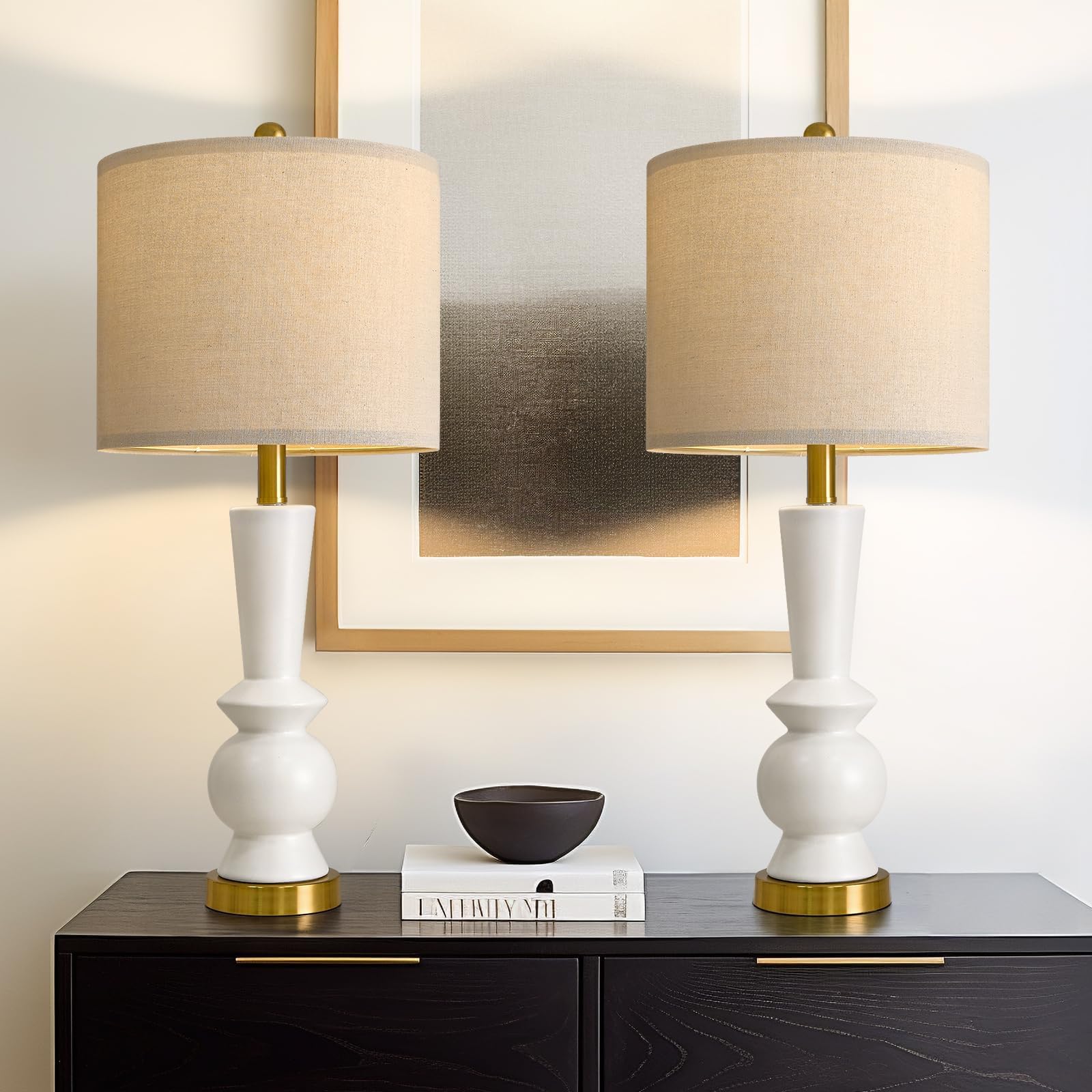 Portres 27'' Modern Ceramic Table Lamp Set Of 2 For Living Room White & Gold Bedside Lamps For Bedroom Nightstand Lamp Tall End