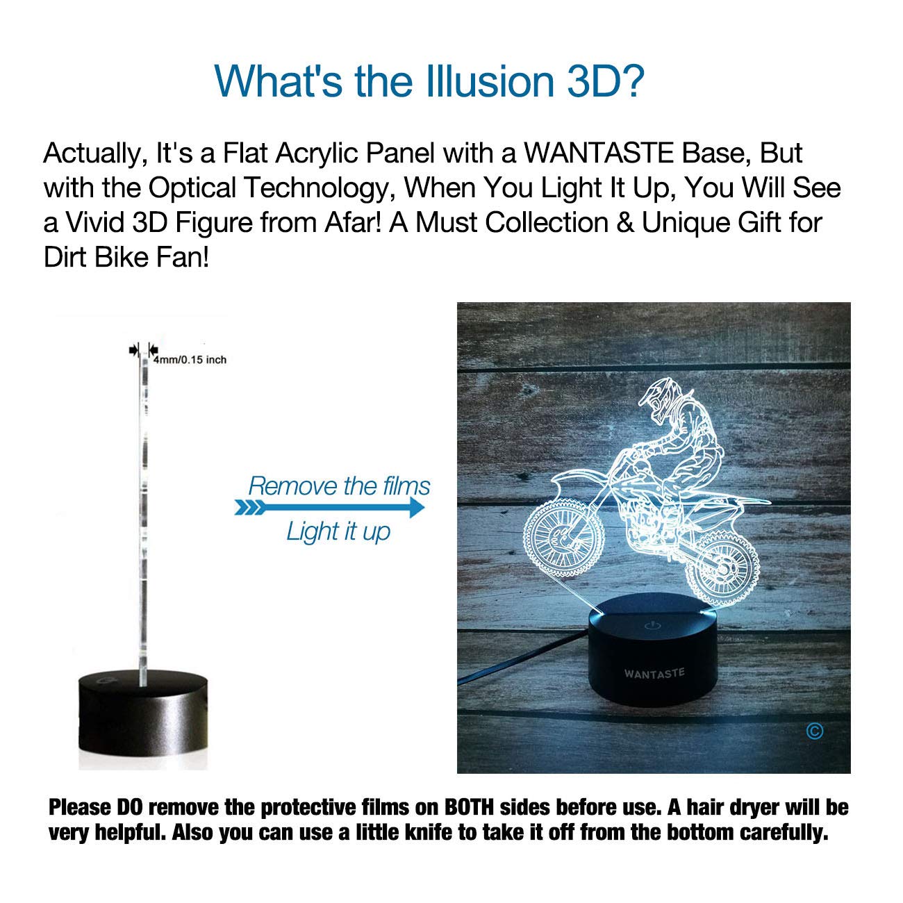 Wantaste Motocross 3D Lamp Gift With Remote, Dirt Bike Decor Toys For Boys Girls Room, 7 Colors Changing Nightlight Bedside For Kids Baby