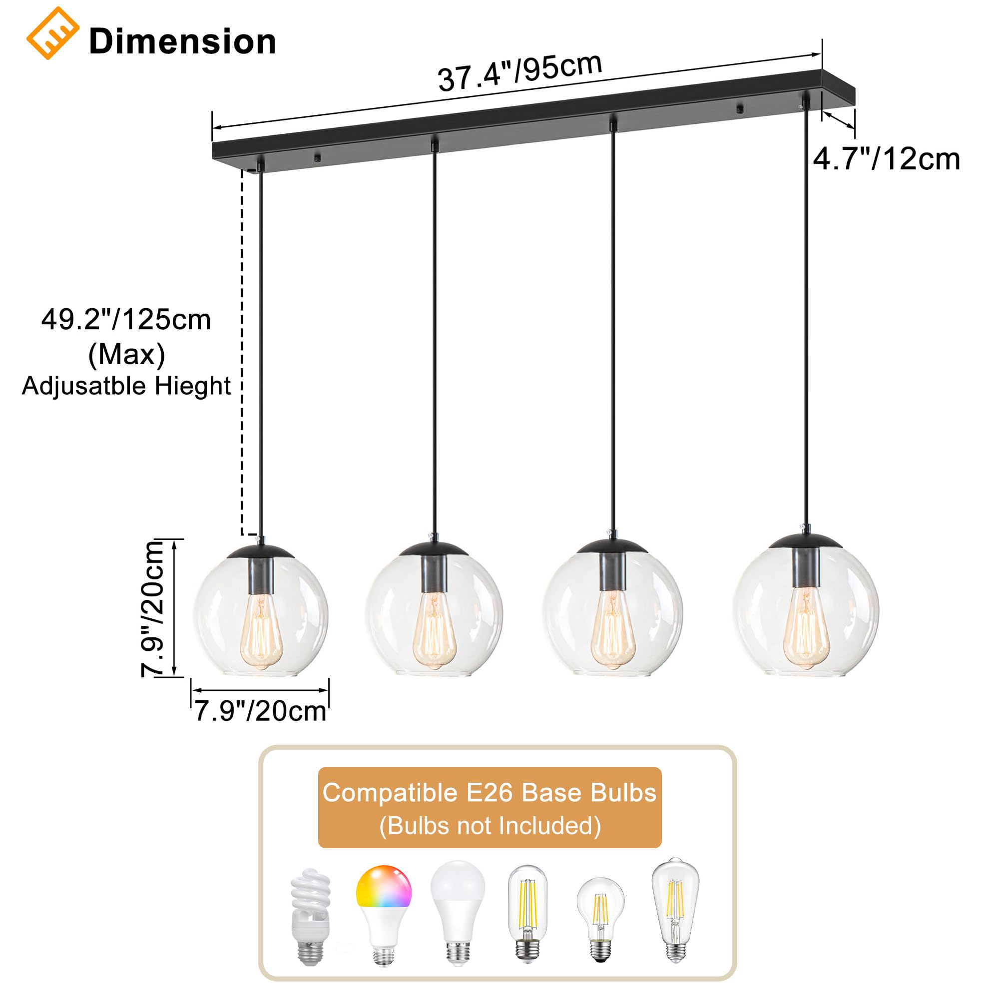 Lmsod 4 Lights Globe Pendant Light, Modern Hanging Lighting Fixture, Matte Black Classic Cluster Chandelier With Clear Glass Sha