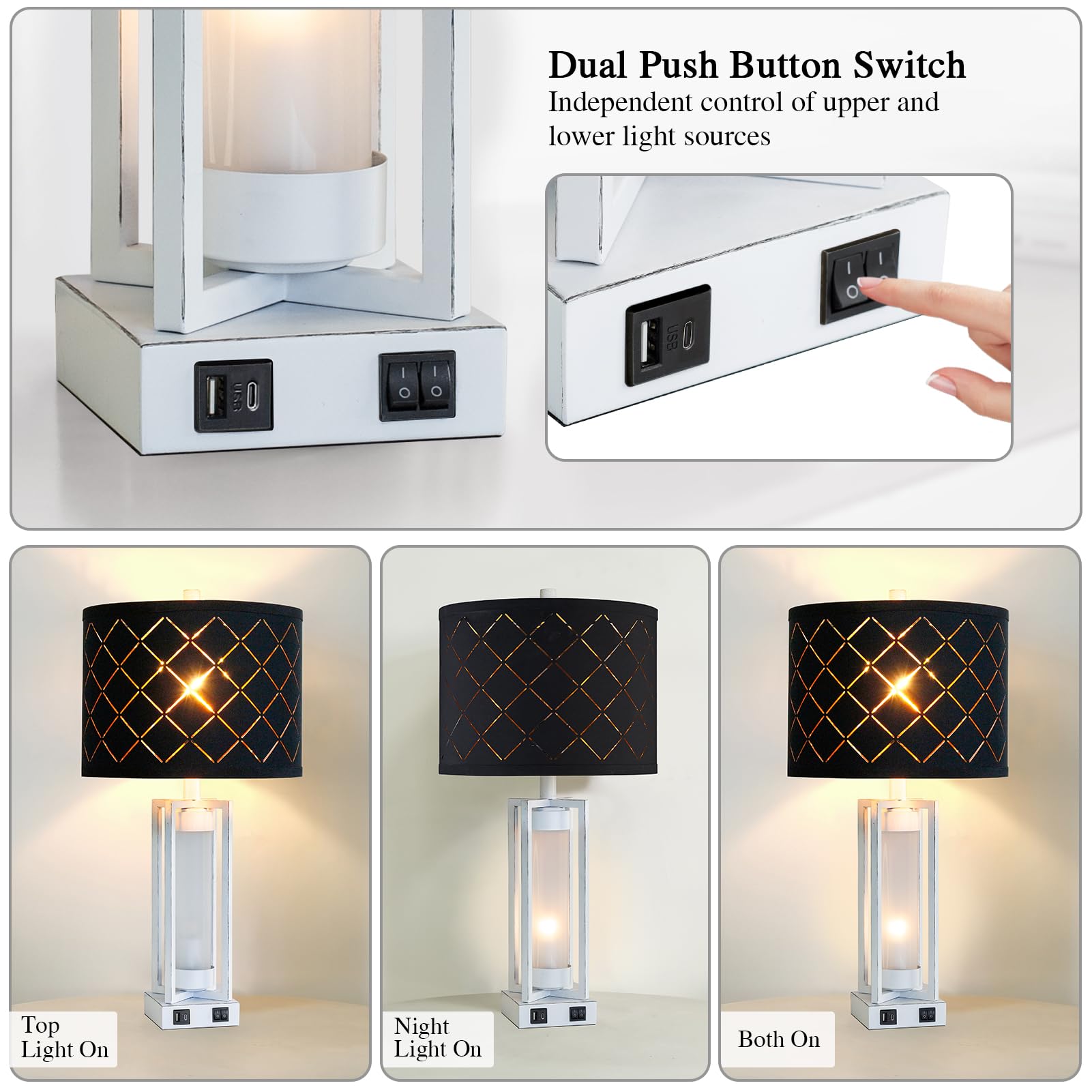 Roriano 25'' Set Of 2 Farmhouse Table Lamps With Usb C+A Ports, Rustic Retro Nightstand Lamps With White Night Light, Black Grid