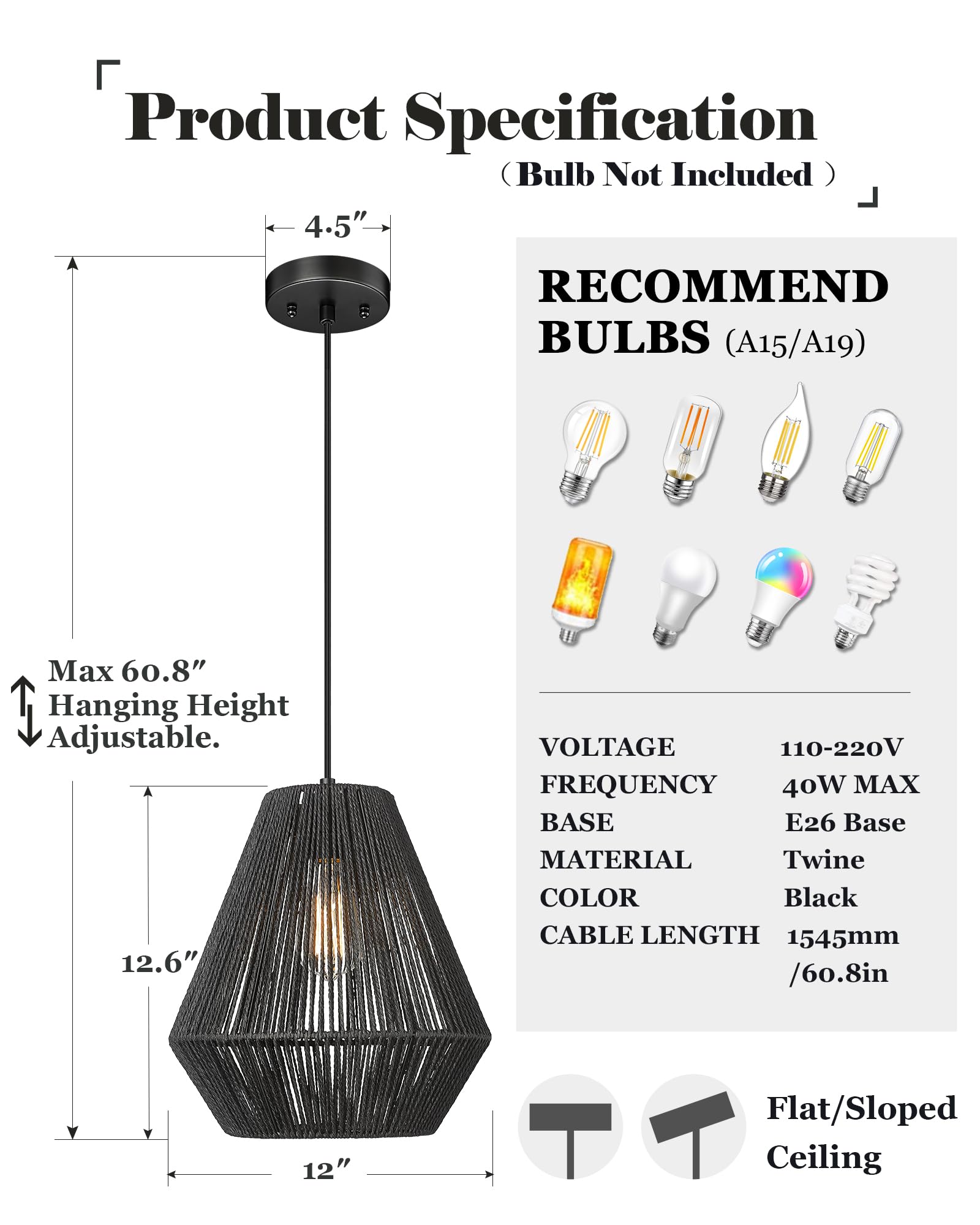 Elyona 11.8&quot; Modern Woven Pendant Light - Black Rattan Shade For Kitchen, Dining, Bar, Bedroom