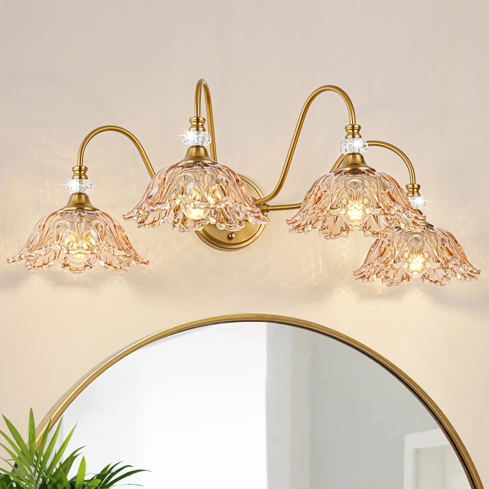 Sunkryster Vintage Bathroom Vanity Light  4-Light Matte Brass Finish Vanity Light With Floral Amber Glass Shades  Retro Wall Mount Lighting For Bathroom  Dressing Table