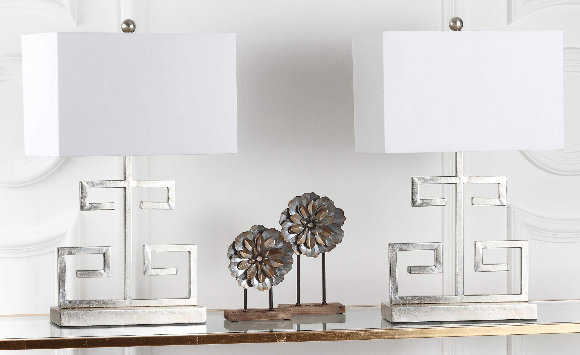 Safavieh Lighting Collection Greek Key Antique Silver And White Table Lamp, Set Of 2
