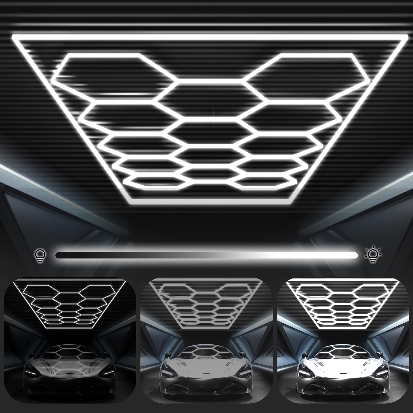 FERUERW Hexagon Garage Lights 3 Level Dimmable with Rectangle Frame  High Brightness 672W 26000 to 86400LM 6500K  14 Hex Grid for Garage  Shop  Basement  Car Detailing Shop etc. with Mounting Clip