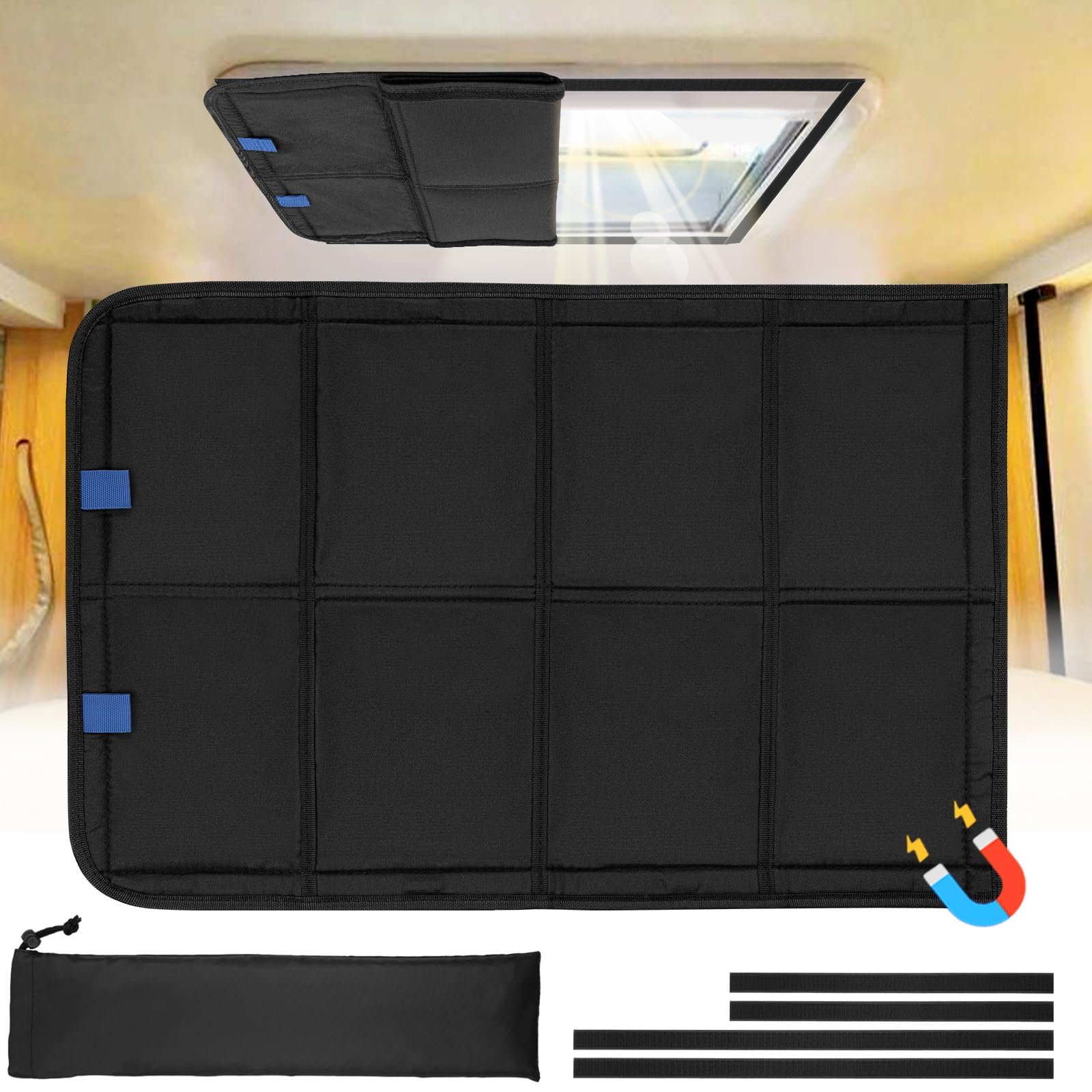 funomo RV Skylight Window Shade, 23.25"x15.25", Black, Foldable Magnet Blackout Cover, Waterproof Oxford Fabric, Model RVSC003