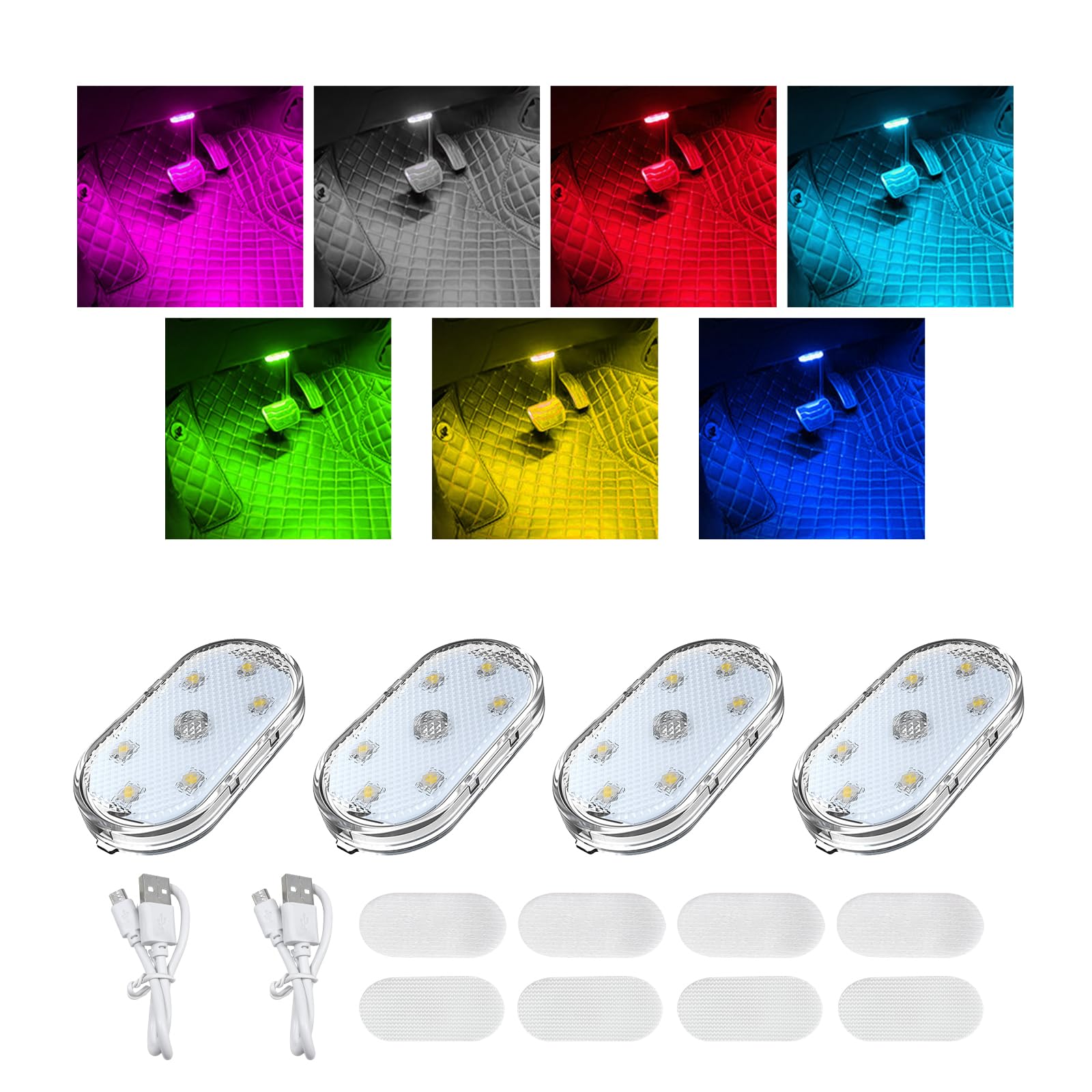 Augeny 4 Pcs Car Led Lights Interior Wireless, 7 Colors Sticky Auto Interior Light With 6 Bright Led Lamp Beads, Portable Usb Re