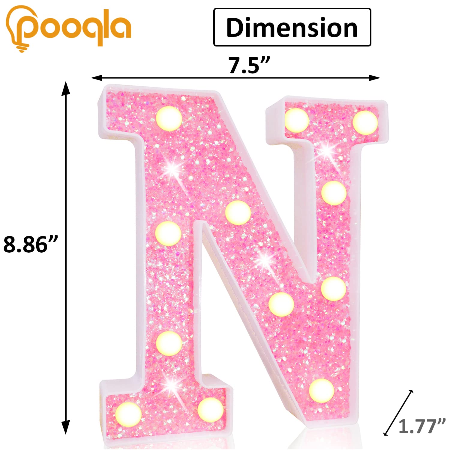 Pooqla LED Marquee Letter Light Sign, Pink Glitter Alphabet, Battery Powered, Home Decor, Party Decoration, Letter N