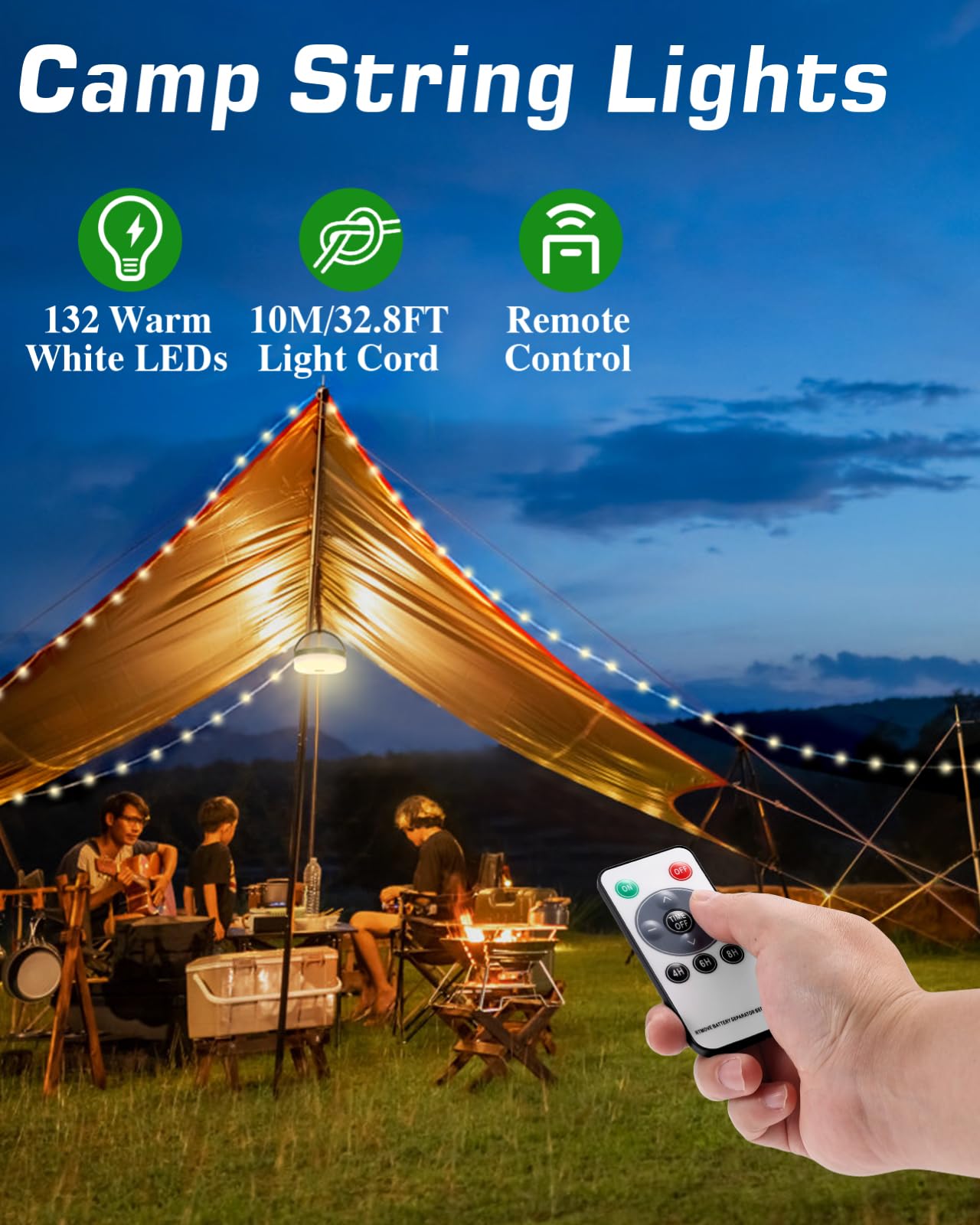Anpro 4 in 1 Camping String Lights, 32.8 Ft, 130 LEDs, USB Rechargeable, Remote Control, Warm White, Model ACANTY0103-1-AP