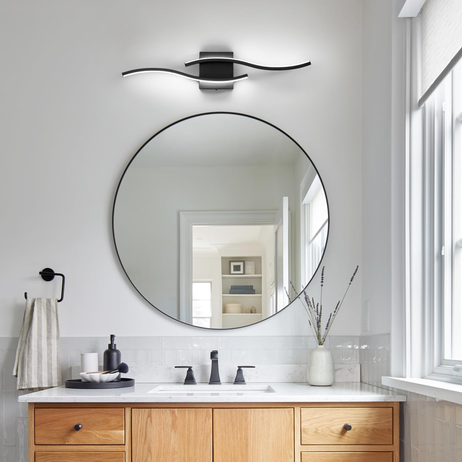 Huoku Dimmable Led Bathroom Vanity Light  24 Inch Modern Black Bathroom Lighting Fixtures Over Mirror Aluminum Wall Sconces Light Fixtures For Living Room Bedroom 6000K White Light