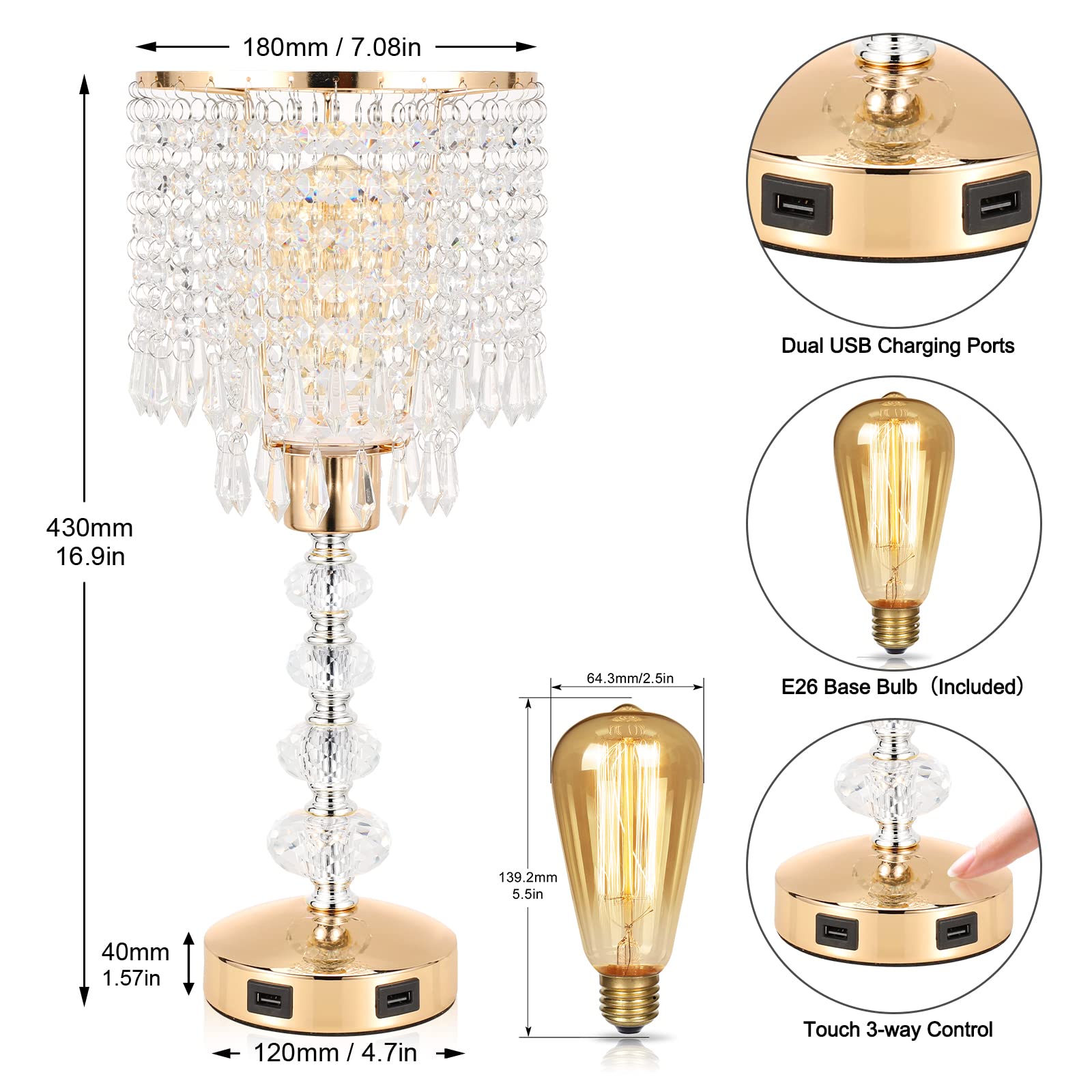 Acaxin Crystal Table Bedside Lamp - Touch Control, 3-Way Dimmable, Gold, Medium Size, 2 USB Ports for Bedroom & Living Room