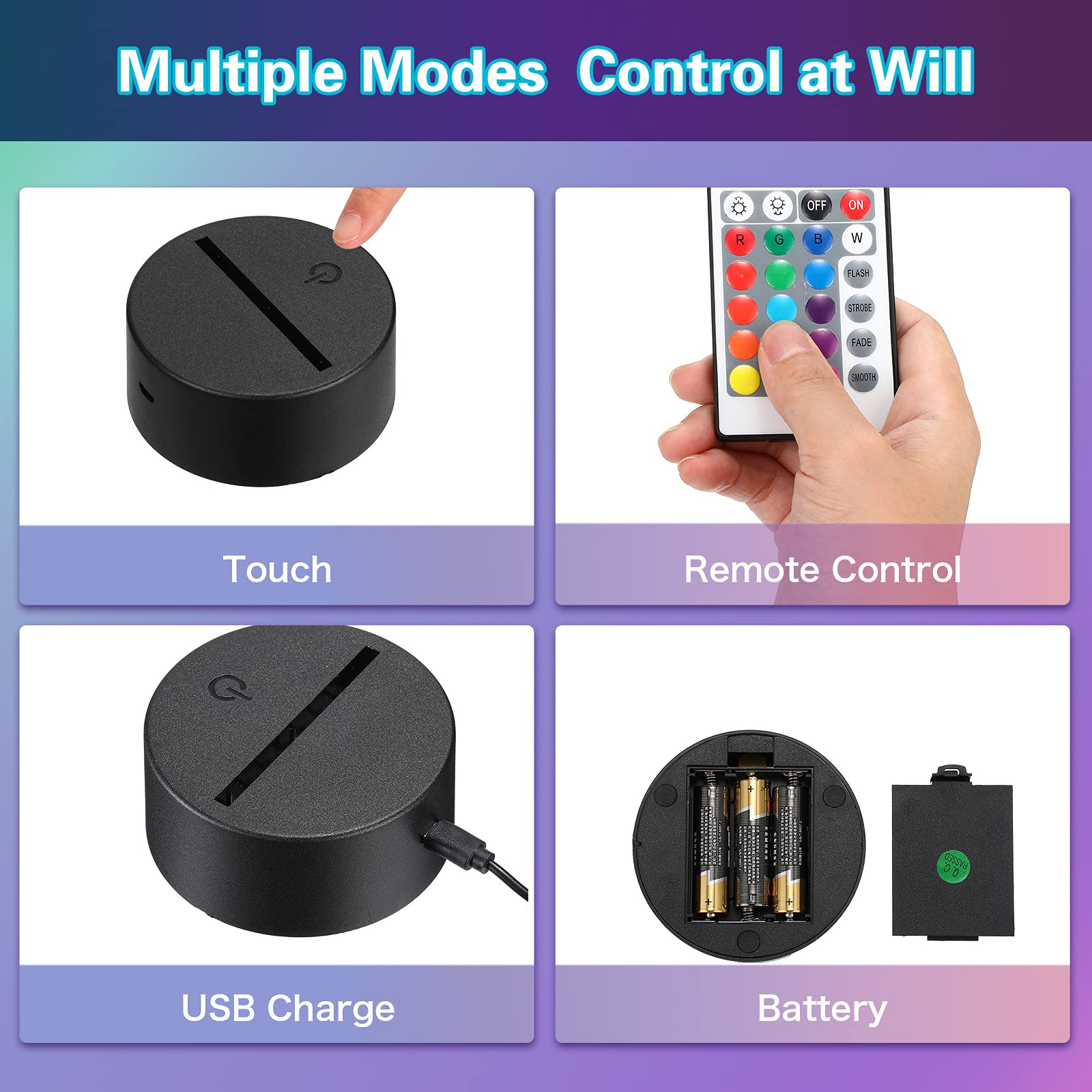 4 Set 3D Night Light LED Lamp Base with Clear Acrylic Sheets Remote Controls and Charging Cables Adjustable 16 Colors 4 Modes fo