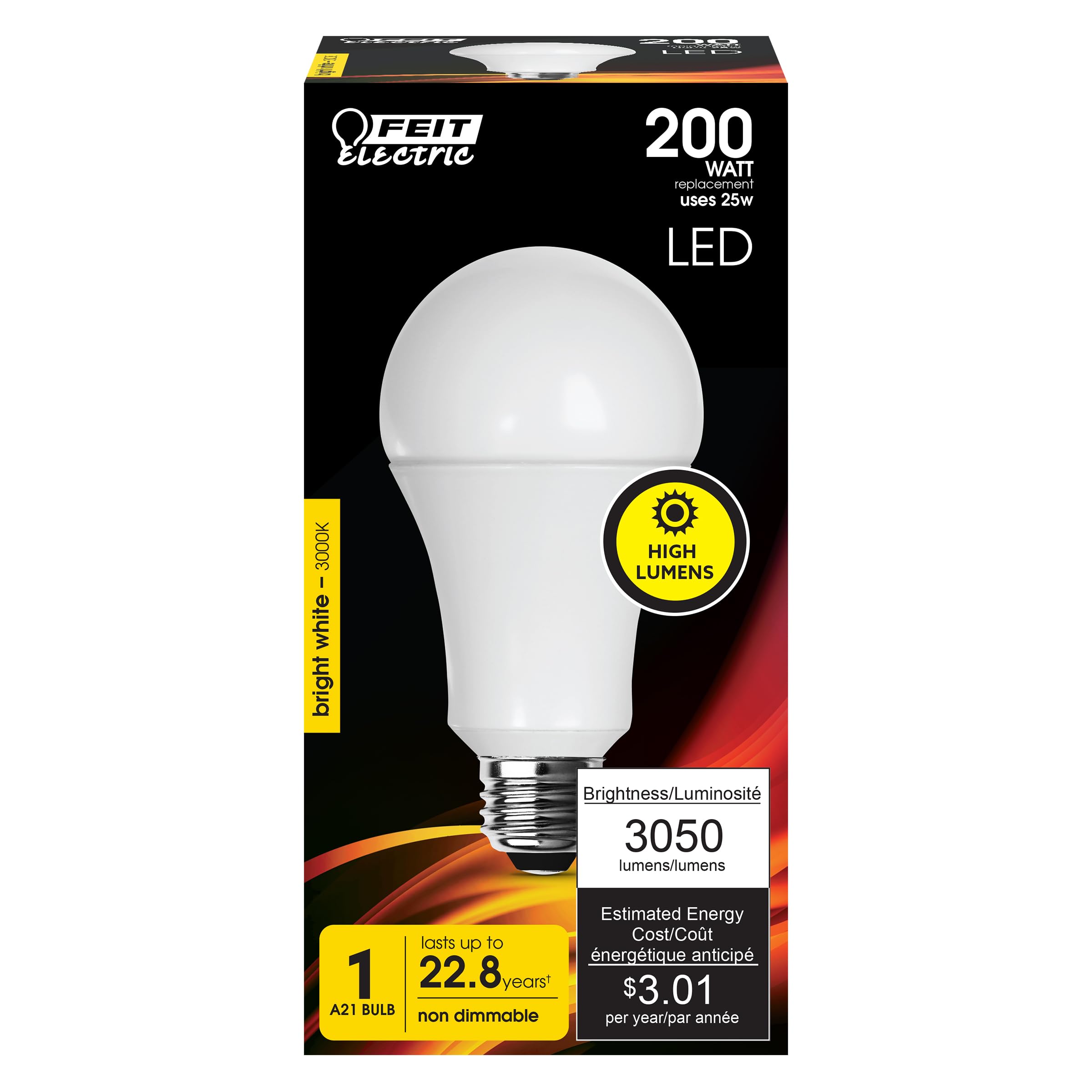 Feit Electric A21 LED Light Bulb, 200W Equivalent, 3050 Lumens, E26 Base, 3000k Bright White, OM200/830/LED, Damp Rated