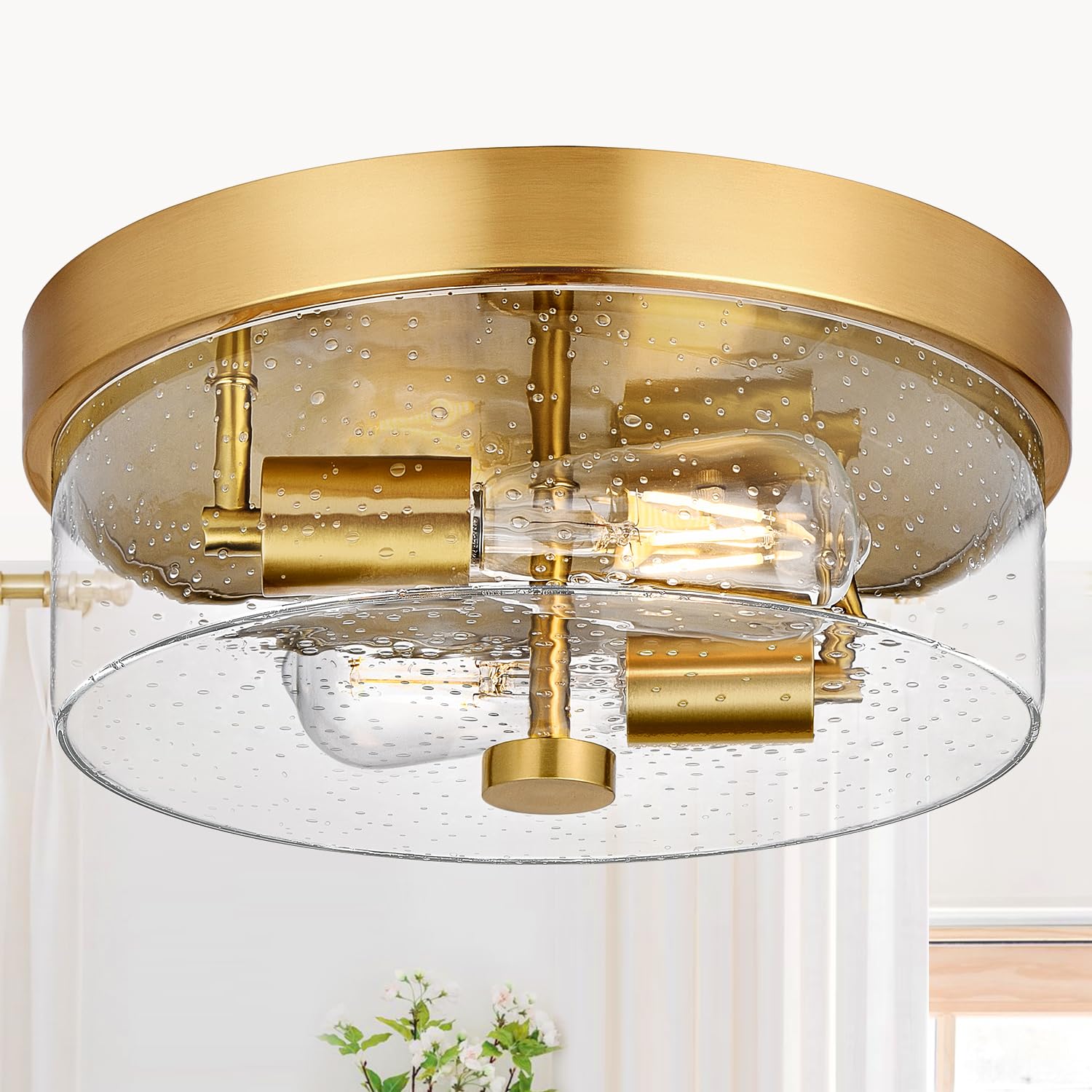 Flush Mount Ceiling Light Fixtures, 2-Light Gold Ceiling Mount for Farmhouse with Seeded Glass Lampshade, Industrial Flush Mount