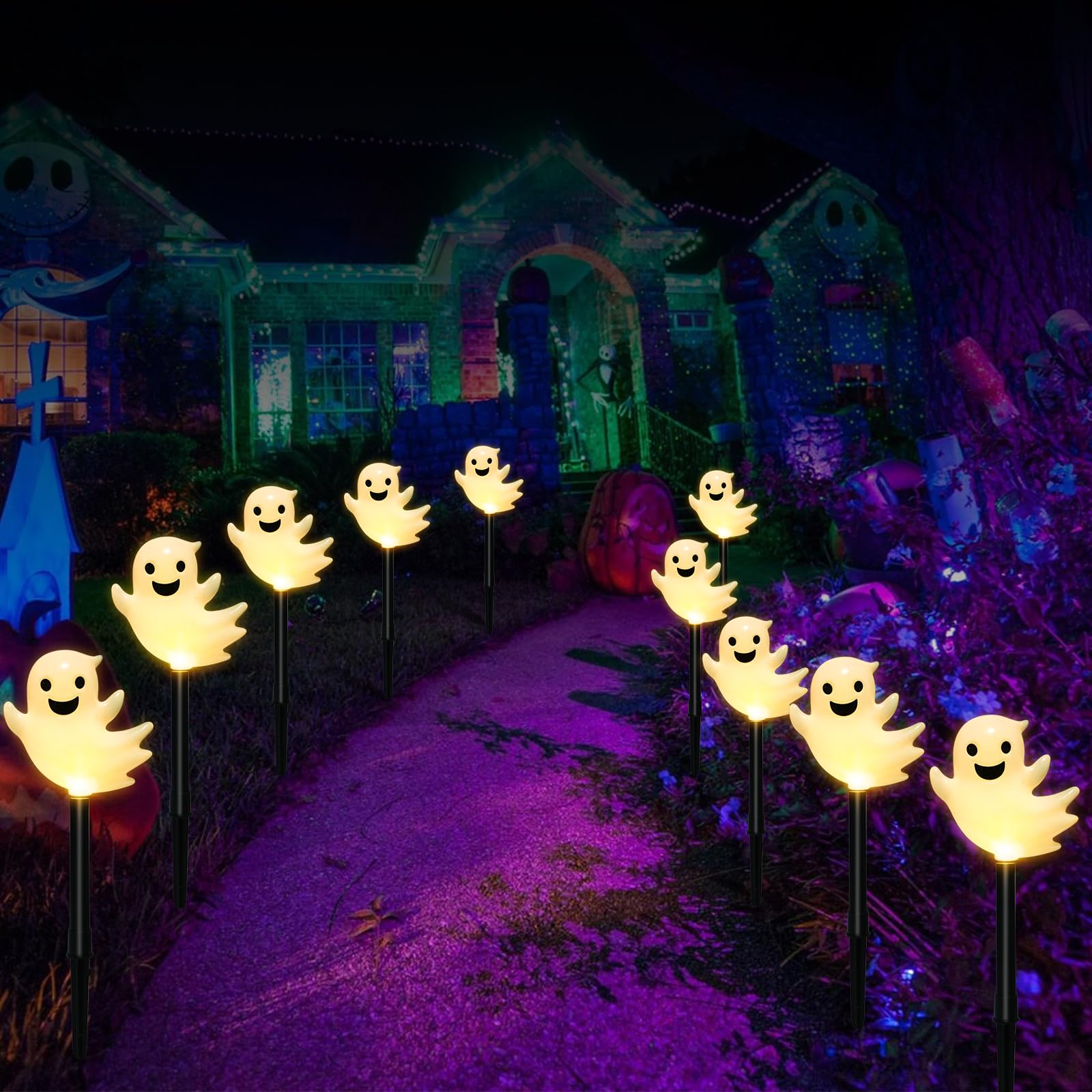 Solar Halloween Ghost Pathway Lights  10 Pack 3D Lighted Outdoor Stake Decorations  Waterproof Led Yard And Garden Lights For Halloween Pathway  Lawn  Patio  And Holiday Decor (Warm White)