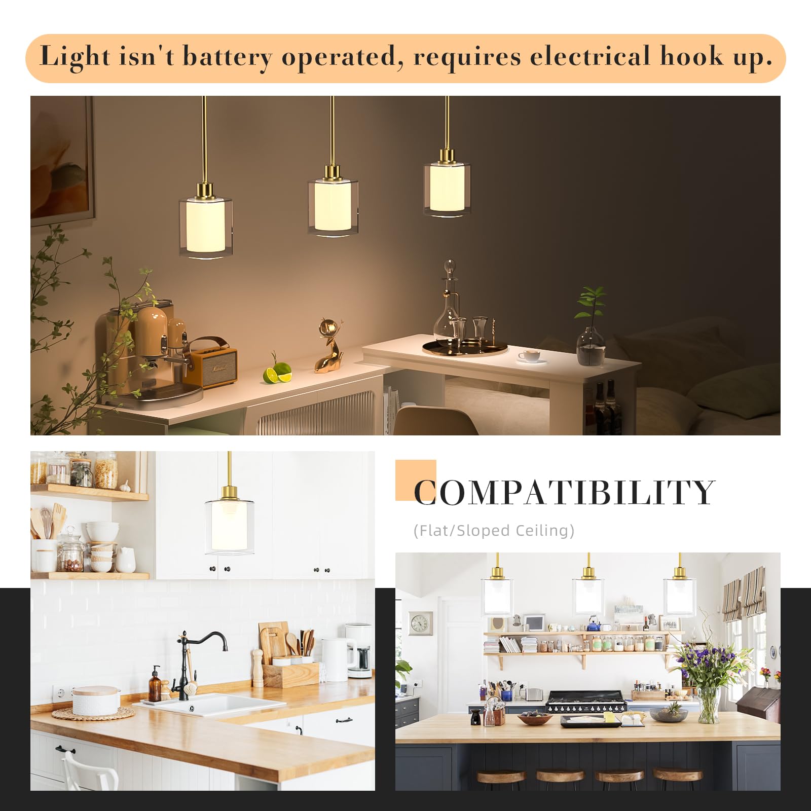 Lightbiz Pendant Light 2 Pack, Height Adjustable, Dual Glass, Brushed Gold, L400, Includes 3 Color Temperature Bulbs & Remote Control