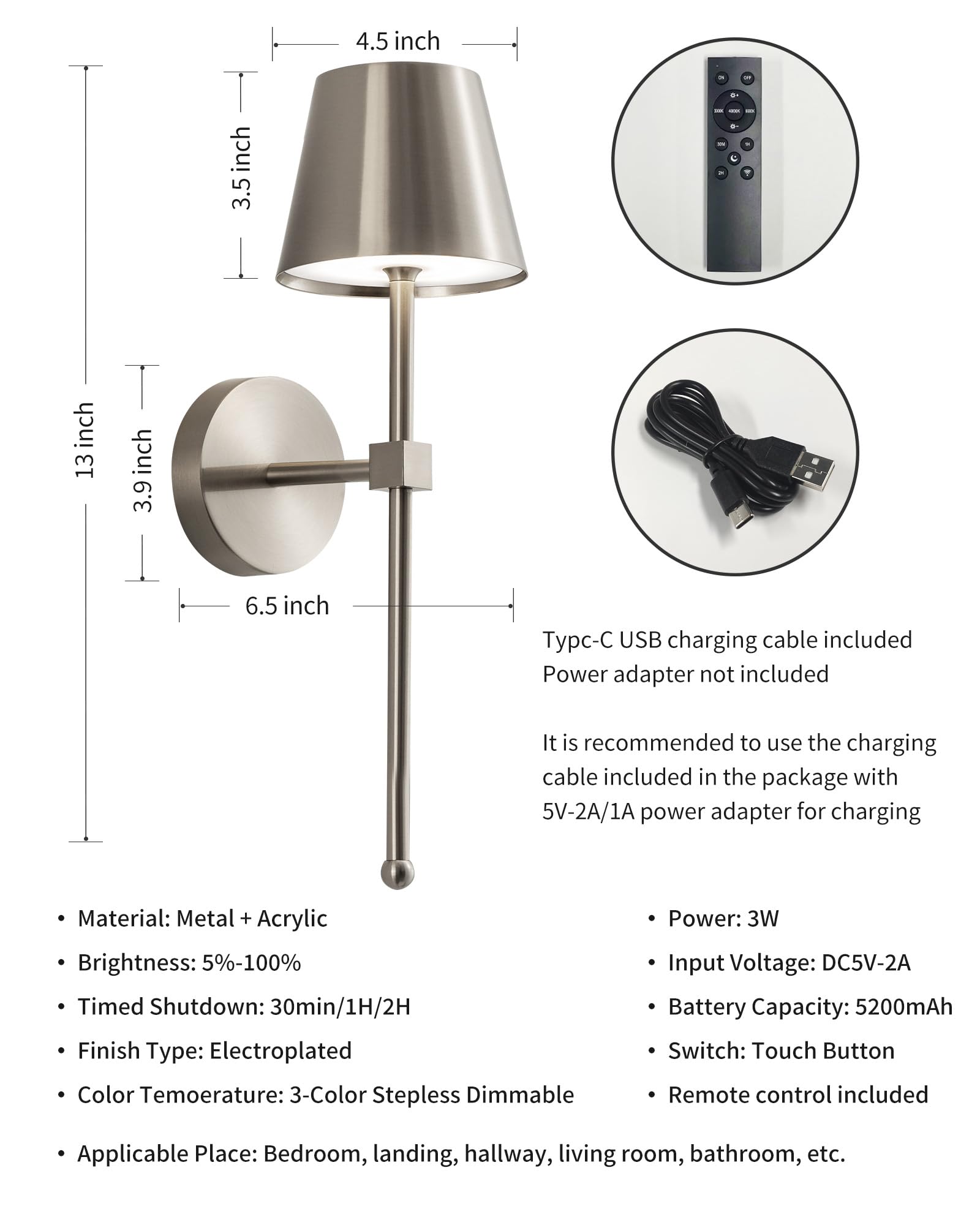 KDG Cordless Wall Sconces Set of 2, LED Battery Lamps, Brushed Nickel, (Small) L4.5 × H13 × D6.5 inch, Model AMZ